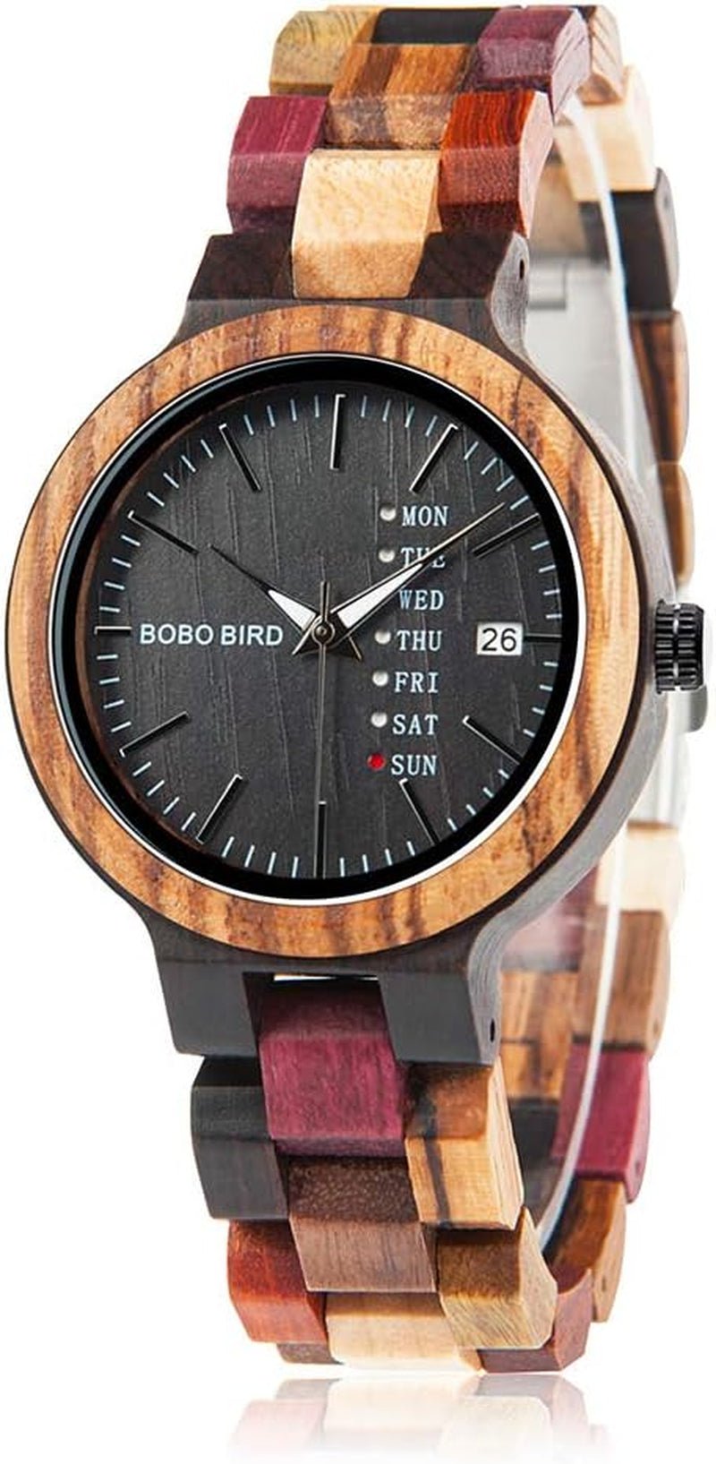 Men's Colorful Wooden Watch, Week & Date Display Quartz Watches Handmade Casual Wood Wrist Watch-Toppalletfly