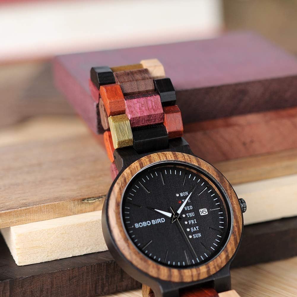 Men's Colorful Wooden Watch, Week & Date Display Quartz Watches Handmade Casual Wood Wrist Watch-Toppalletfly