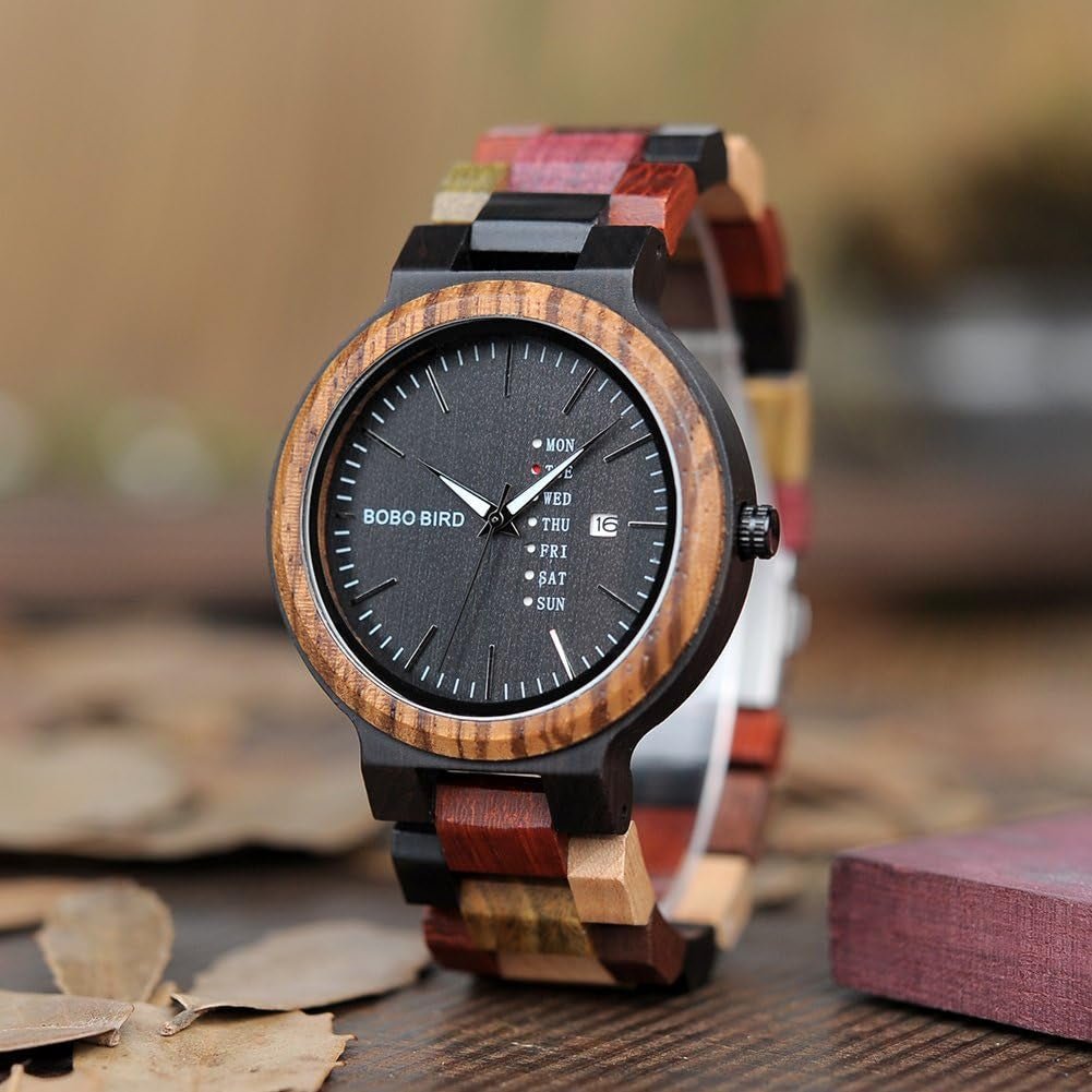 Men's Colorful Wooden Watch, Week & Date Display Quartz Watches Handmade Casual Wood Wrist Watch-Toppalletfly