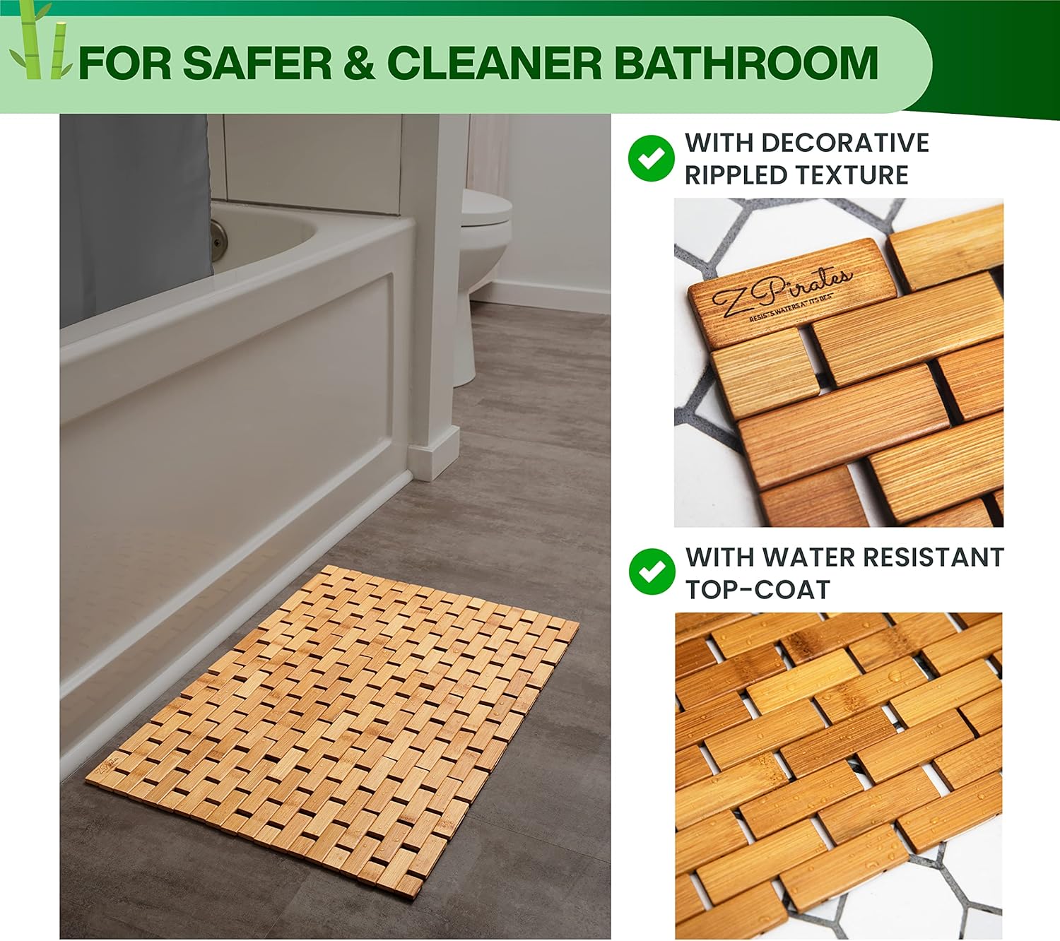 Natural Bamboo Wood Bath Mat with Non-Slip Rubber Pads – Foldable Wooden Floor Mat-Toppalletfly