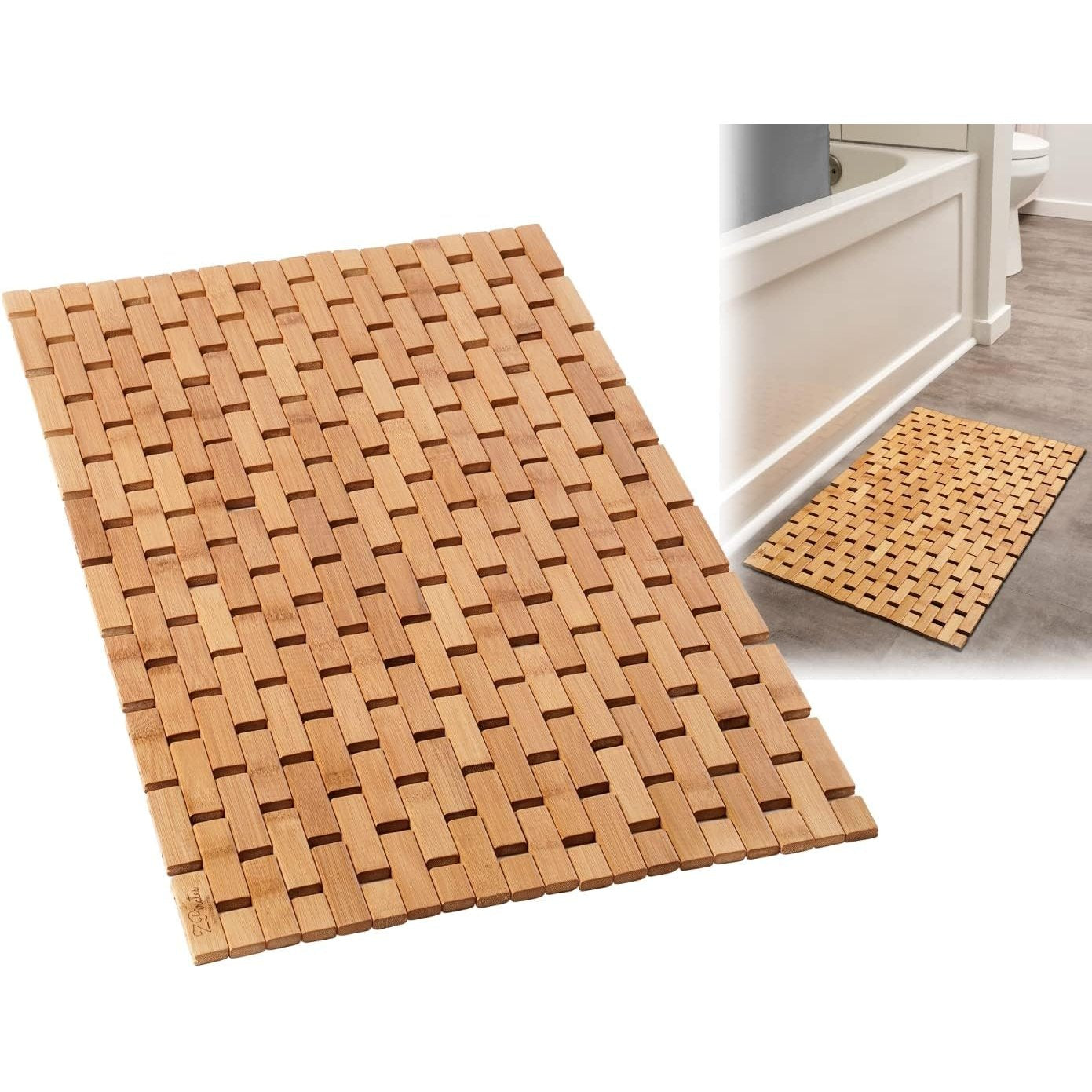 Natural Bamboo Wood Bath Mat with Non-Slip Rubber Pads – Foldable Wooden Floor Mat-Toppalletfly