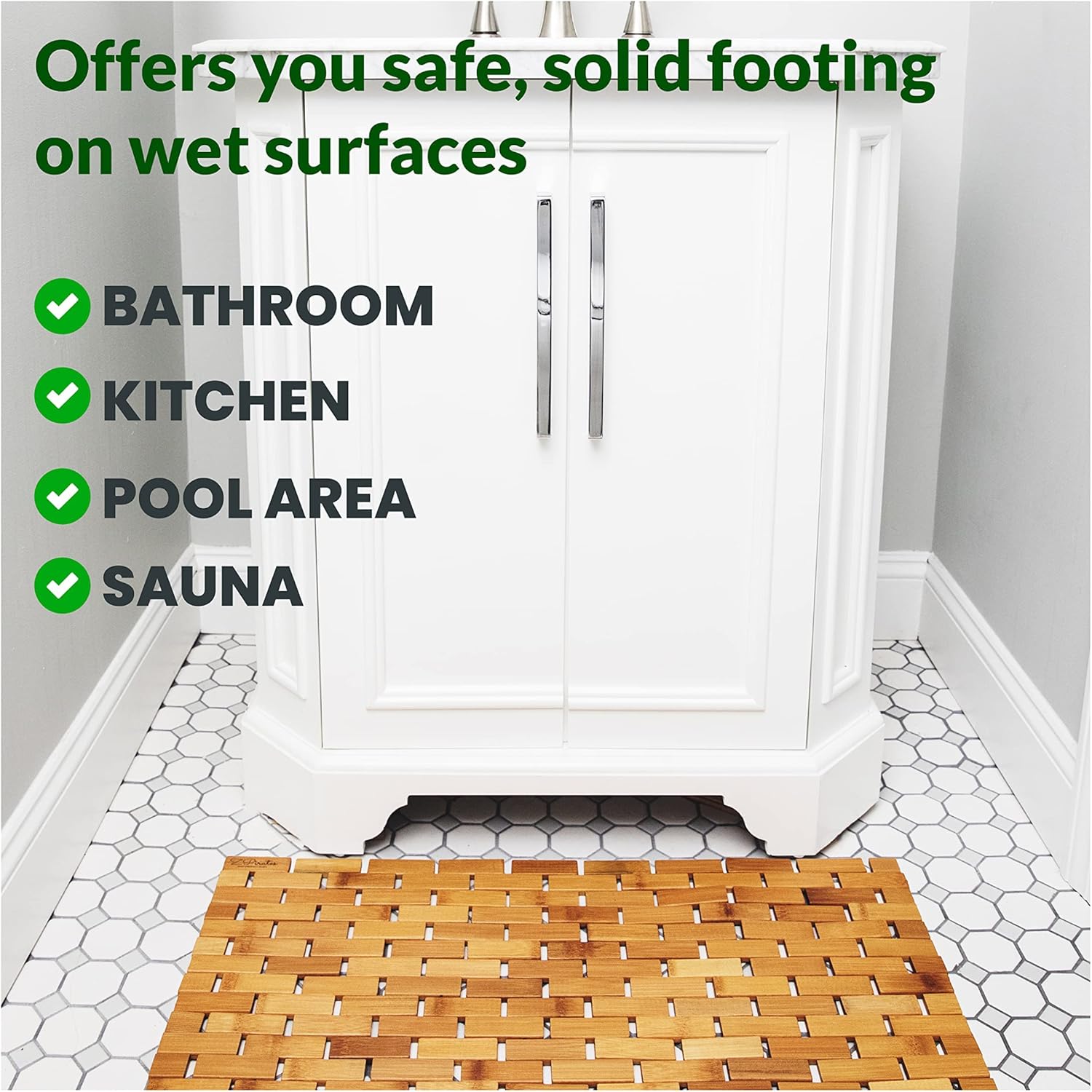 Natural Bamboo Wood Bath Mat with Non-Slip Rubber Pads – Foldable Wooden Floor Mat-Toppalletfly