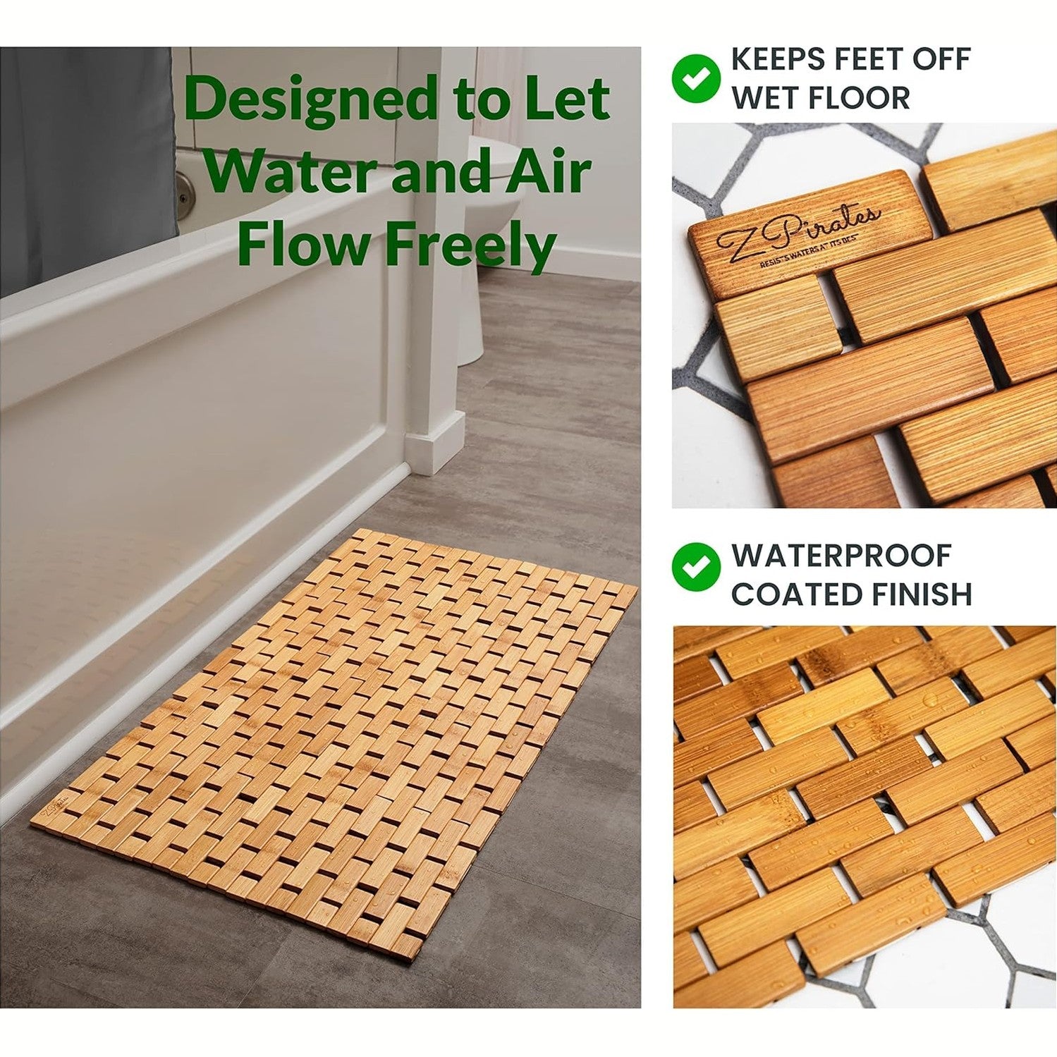 Natural Bamboo Wood Bath Mat with Non-Slip Rubber Pads – Foldable Wooden Floor Mat-Toppalletfly