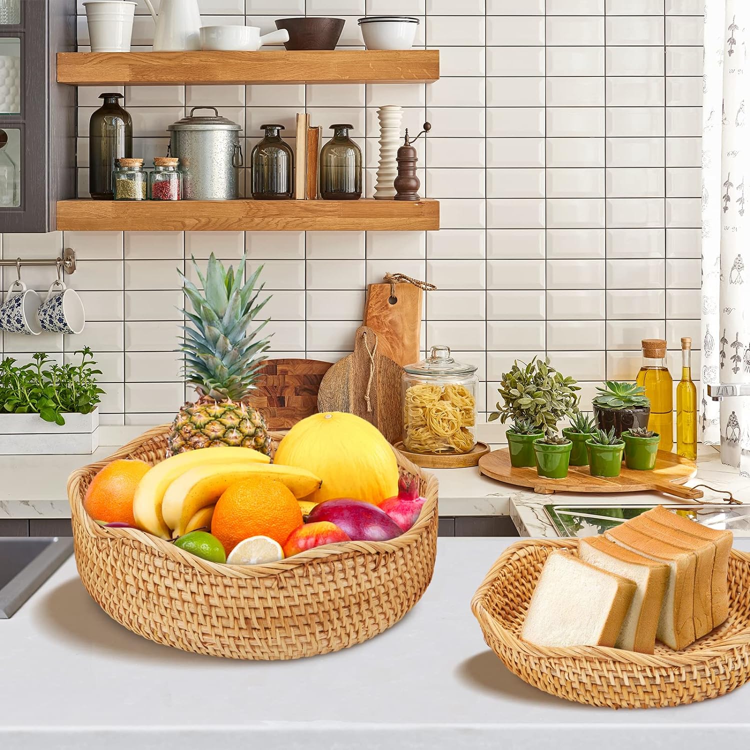 Natural Rattan Fruit Basket Bowls, Hand Woven Decor Serving Baskets-Toppalletfly