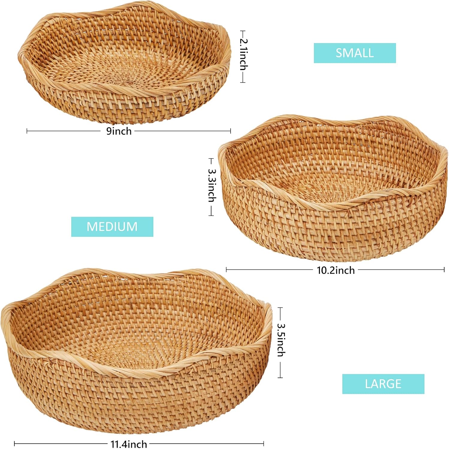 Natural Rattan Fruit Basket Bowls, Hand Woven Decor Serving Baskets-Toppalletfly