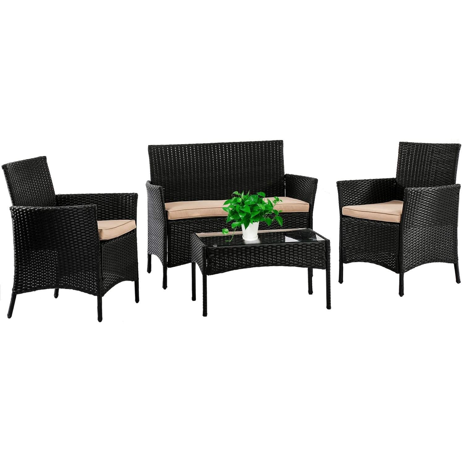 4-Piece Outdoor Patio Furniture Set with PE Rattan Chairs and Tempered Glass Table-Toppalletfly