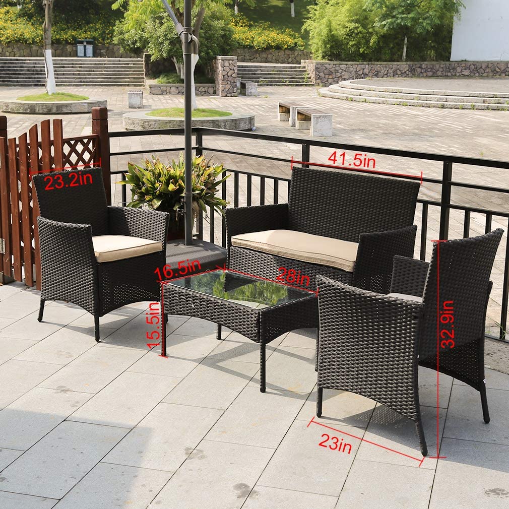 4-Piece Outdoor Patio Furniture Set with PE Rattan Chairs and Tempered Glass Table-Toppalletfly