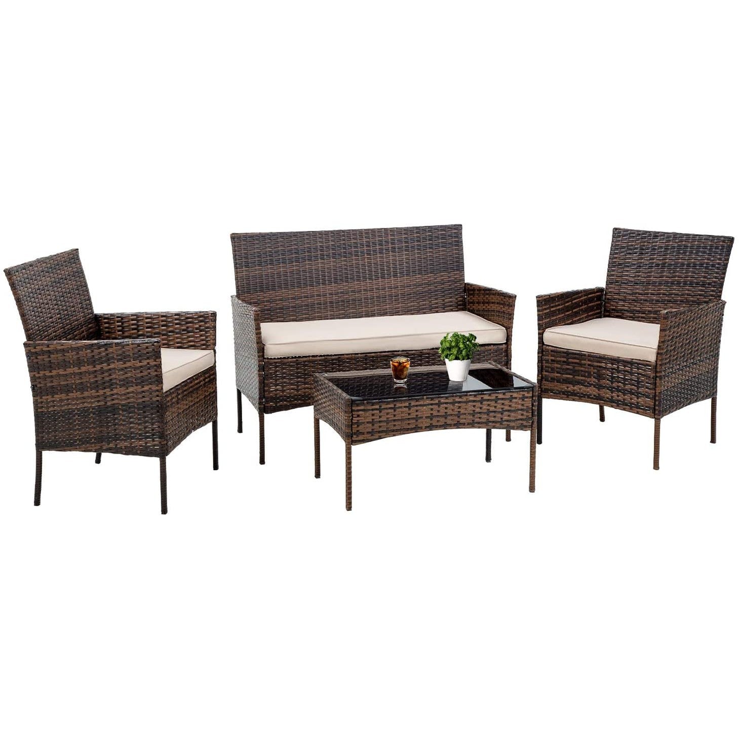 4-Piece Outdoor Patio Furniture Set with PE Rattan Chairs and Tempered Glass Table-Toppalletfly
