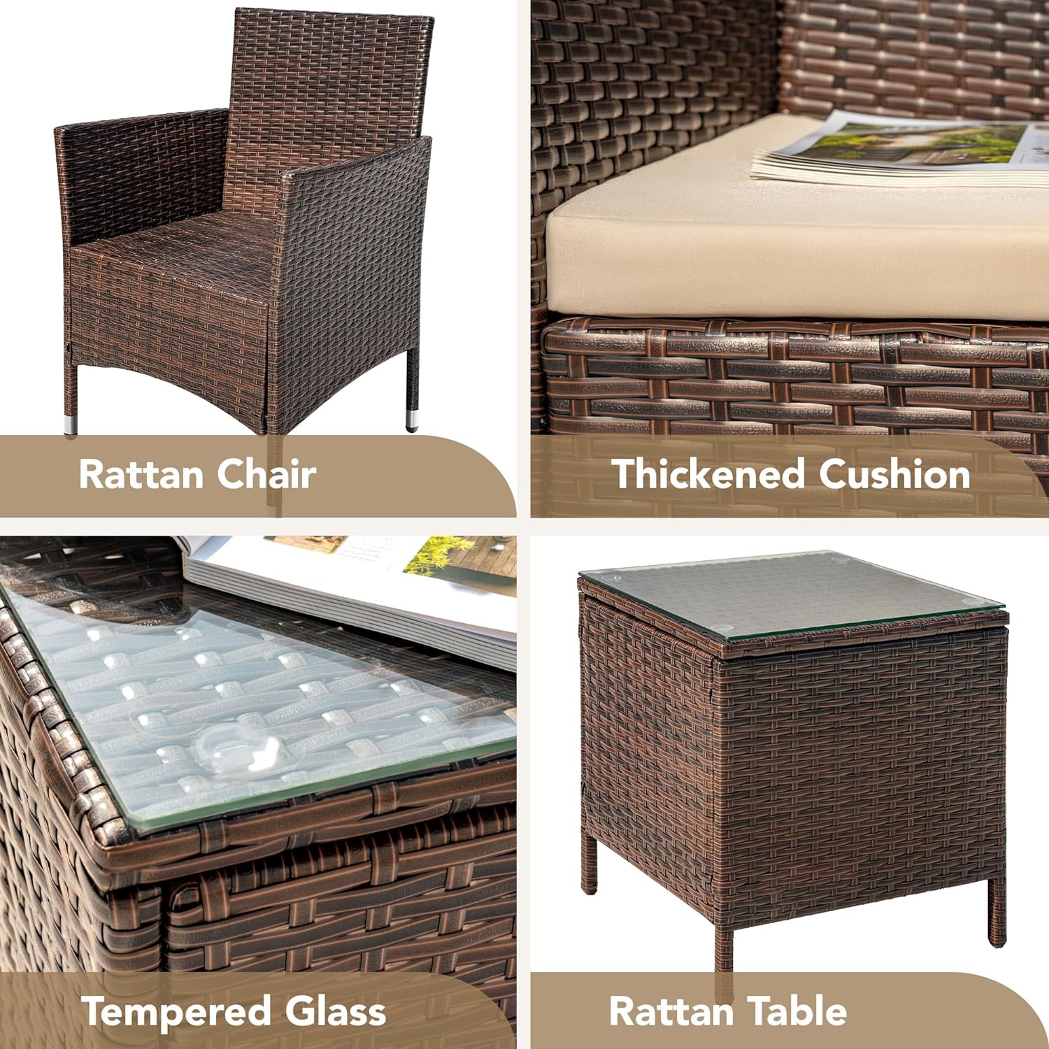 3-Piece Patio Porch Furniture Set with PE Rattan Wicker Chairs and Glass Table-Toppalletfly