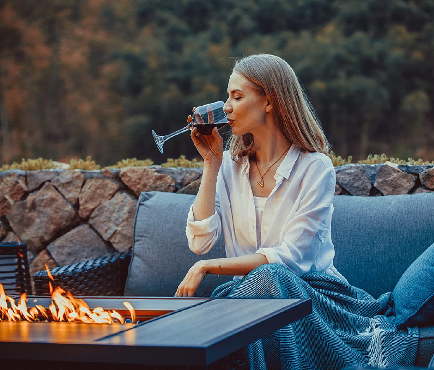 Patio Sofa Sets 5 Pcs with Fire Pit Table, PE Rattan Wicker Patio Furniture Sectional Sofa with Thick Cushions for Yard Garden Porch-Toppalletfly