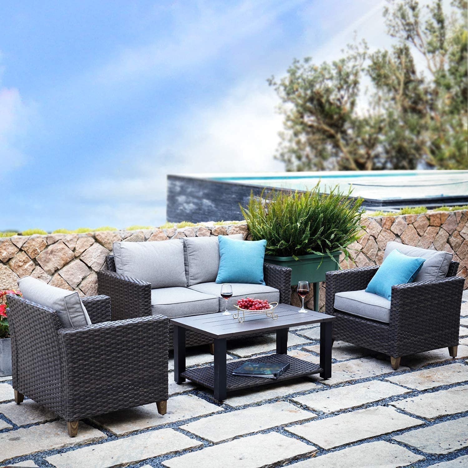 Patio Sofa Sets 5 Pcs with Fire Pit Table, PE Rattan Wicker Patio Furniture Sectional Sofa with Thick Cushions for Yard Garden Porch-Toppalletfly