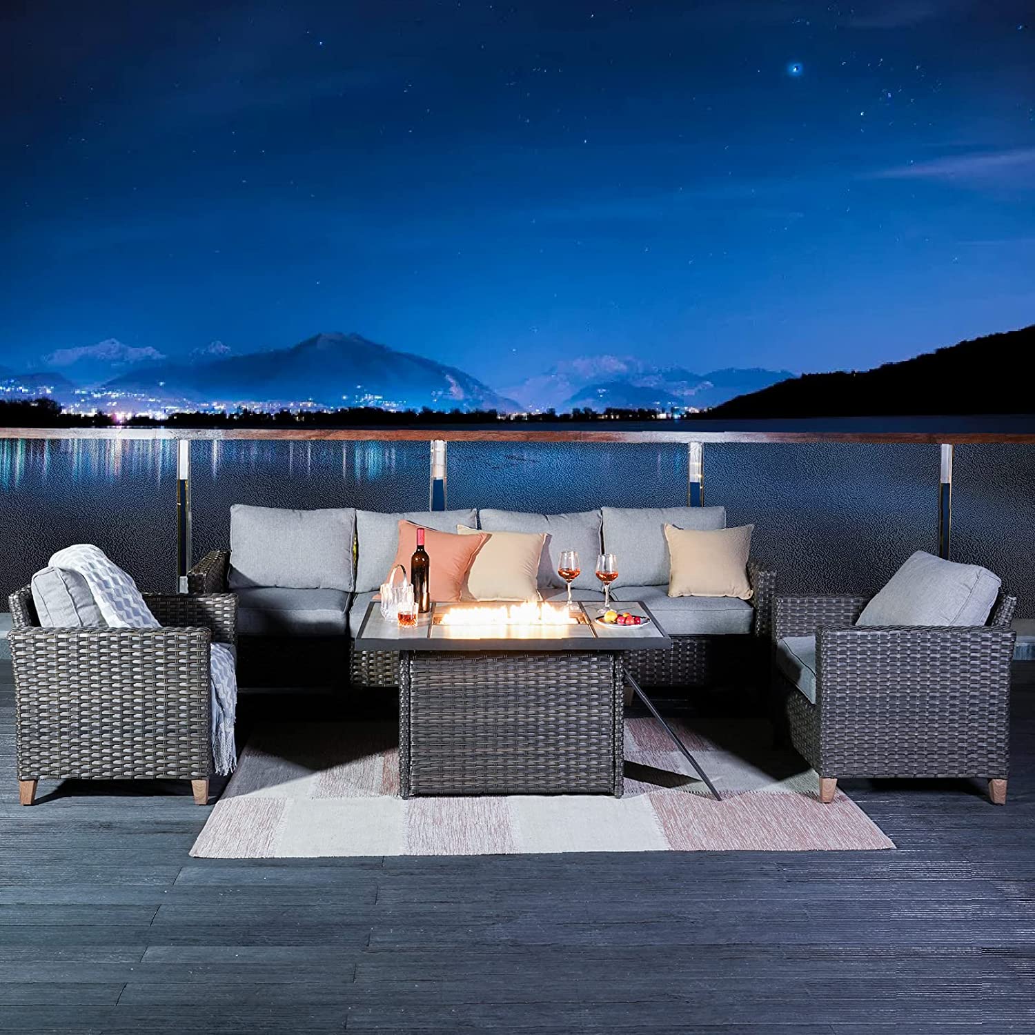 Patio Sofa Sets 5 Pcs with Fire Pit Table, PE Rattan Wicker Patio Furniture Sectional Sofa with Thick Cushions for Yard Garden Porch-Toppalletfly