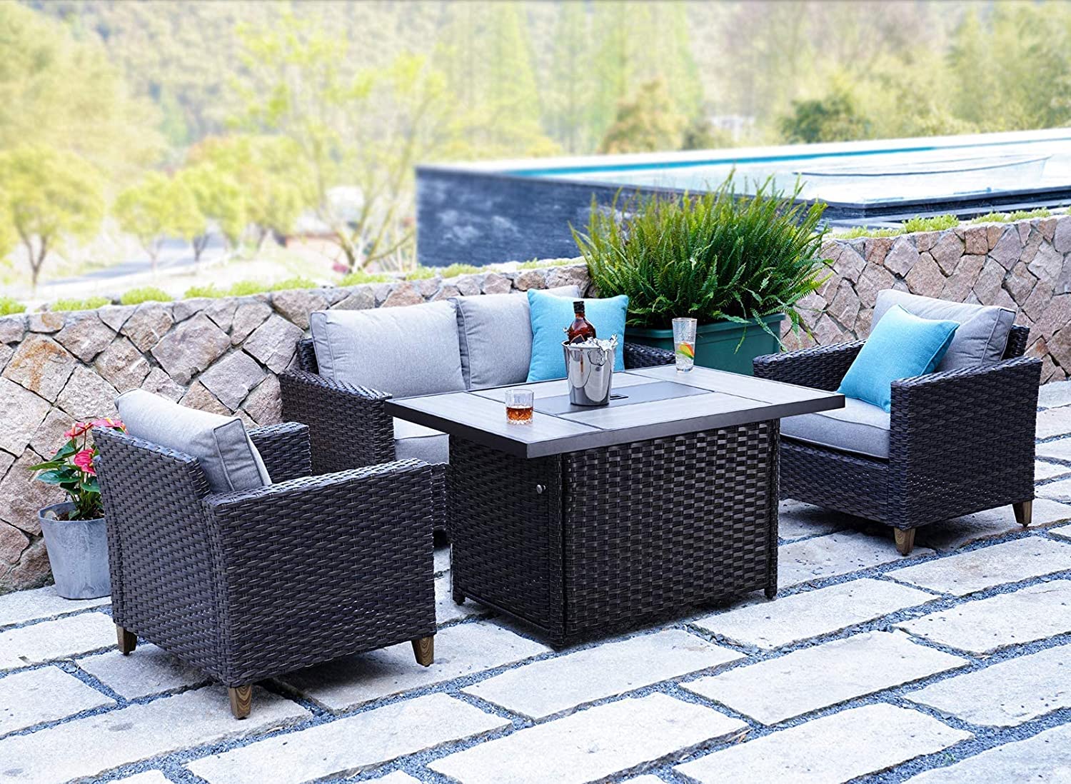 Patio Sofa Sets 5 Pcs with Fire Pit Table, PE Rattan Wicker Patio Furniture Sectional Sofa with Thick Cushions for Yard Garden Porch-Toppalletfly