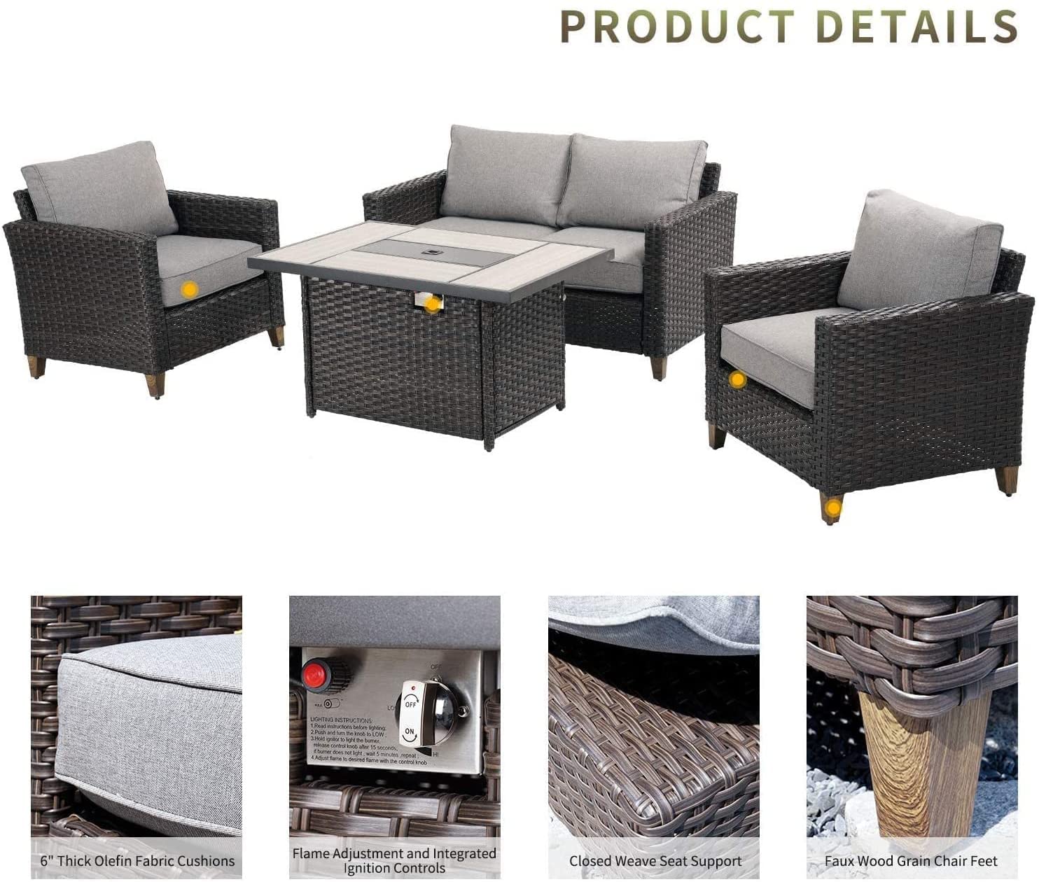 Patio Sofa Sets 5 Pcs with Fire Pit Table, PE Rattan Wicker Patio Furniture Sectional Sofa with Thick Cushions for Yard Garden Porch-Toppalletfly
