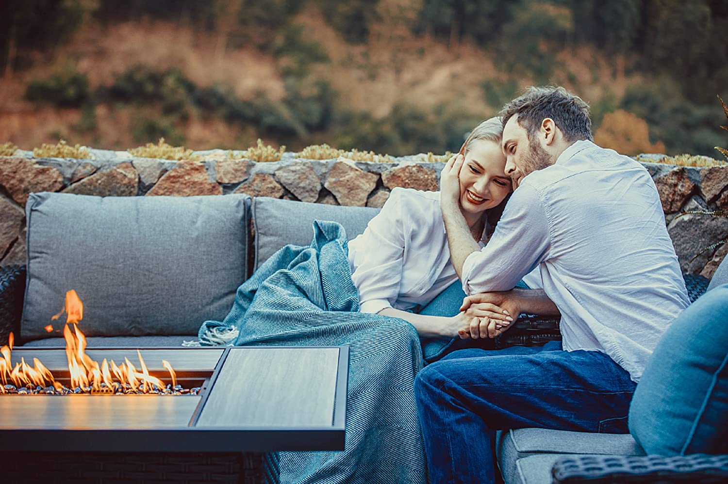 Patio Sofa Sets 5 Pcs with Fire Pit Table, PE Rattan Wicker Patio Furniture Sectional Sofa with Thick Cushions for Yard Garden Porch-Toppalletfly