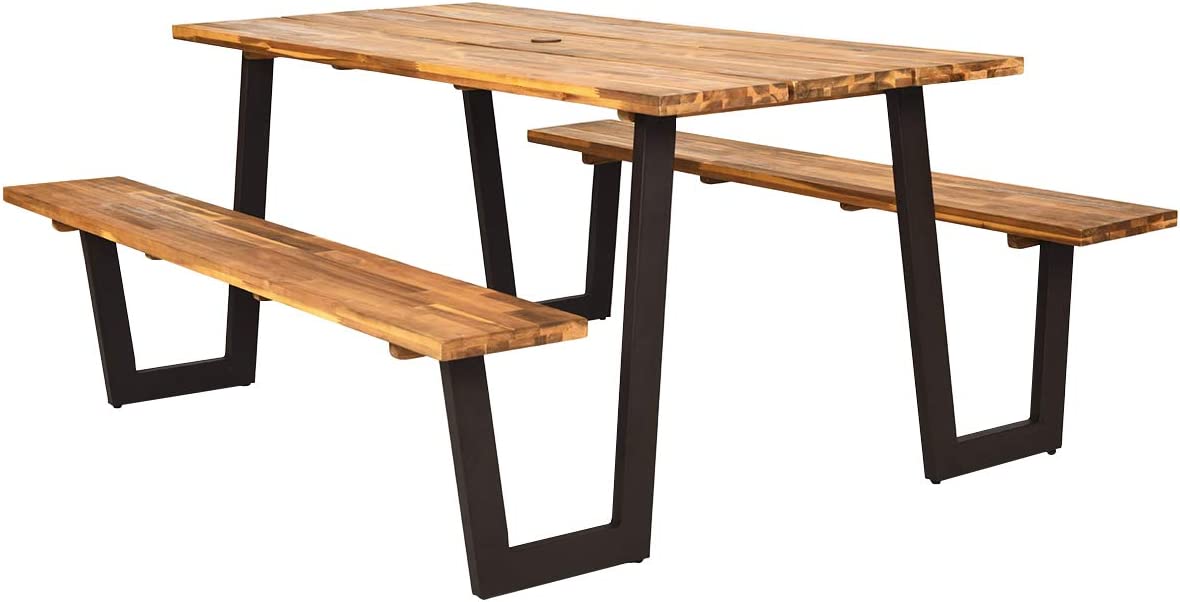 Picnic Table Bench Set with Umbrella Hole, Outdoor Dining Table Set, 70” Acacia Wood Picnic Beer Table with Metal Frame-Toppalletfly