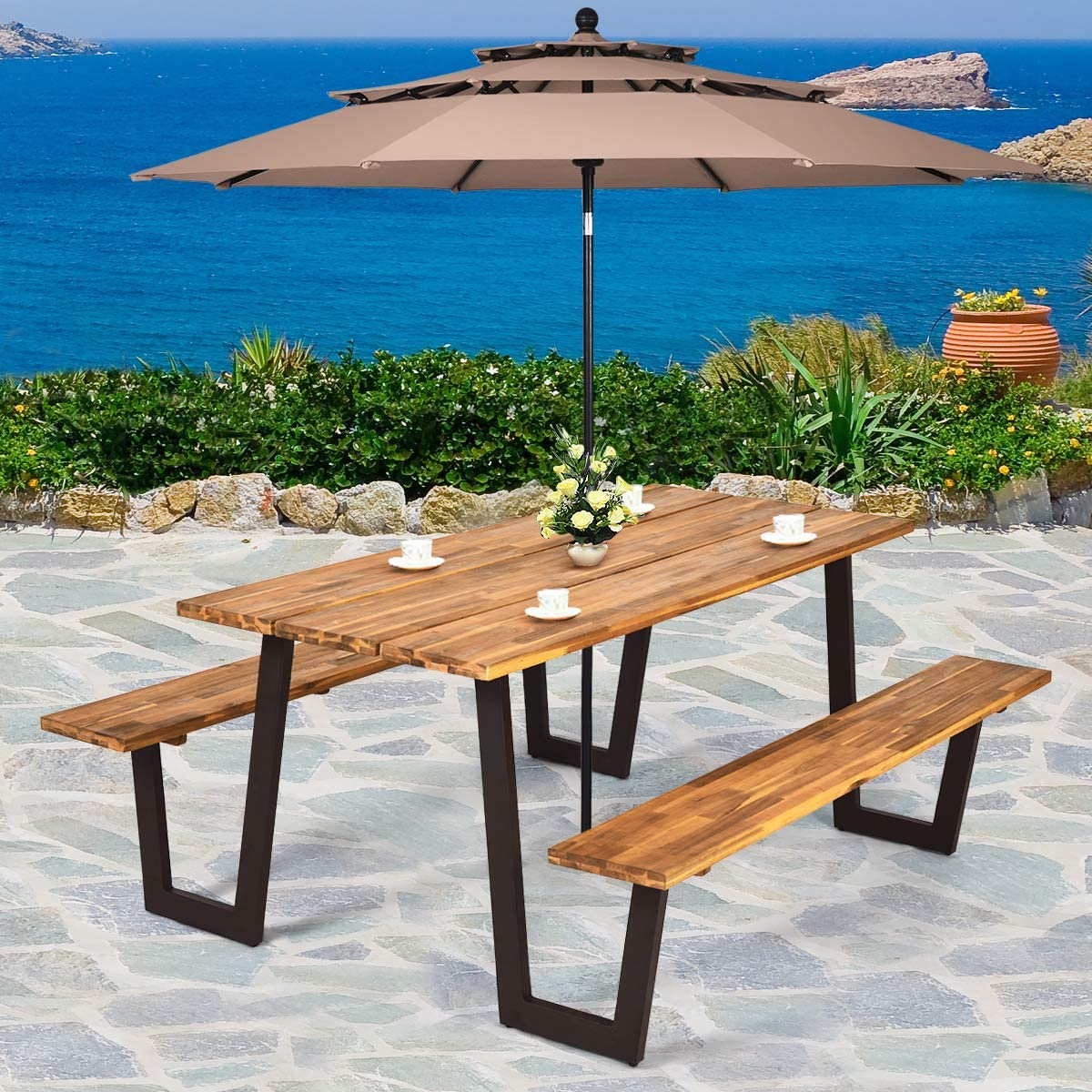 Picnic Table Bench Set with Umbrella Hole, Outdoor Dining Table Set, 70” Acacia Wood Picnic Beer Table with Metal Frame-Toppalletfly