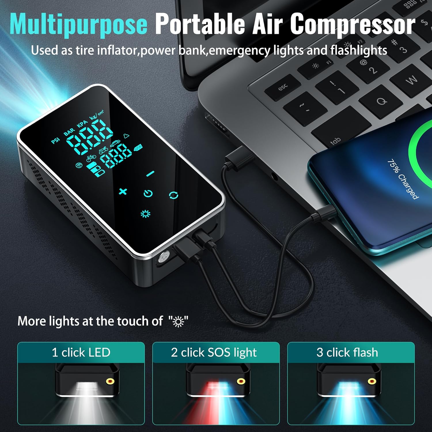 Portable 18000mAh Air Compressor – 150 PSI Tire Pump with Touch Screen for Car, Bike, and More-Toppalletfly