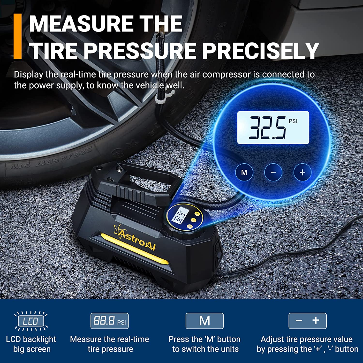 Portable Air Pump for Car Tires 12V DC Auto Tire Pump with Digital Pressure Gauge, 100PSI with Emergency LED Light-Toppalletfly
