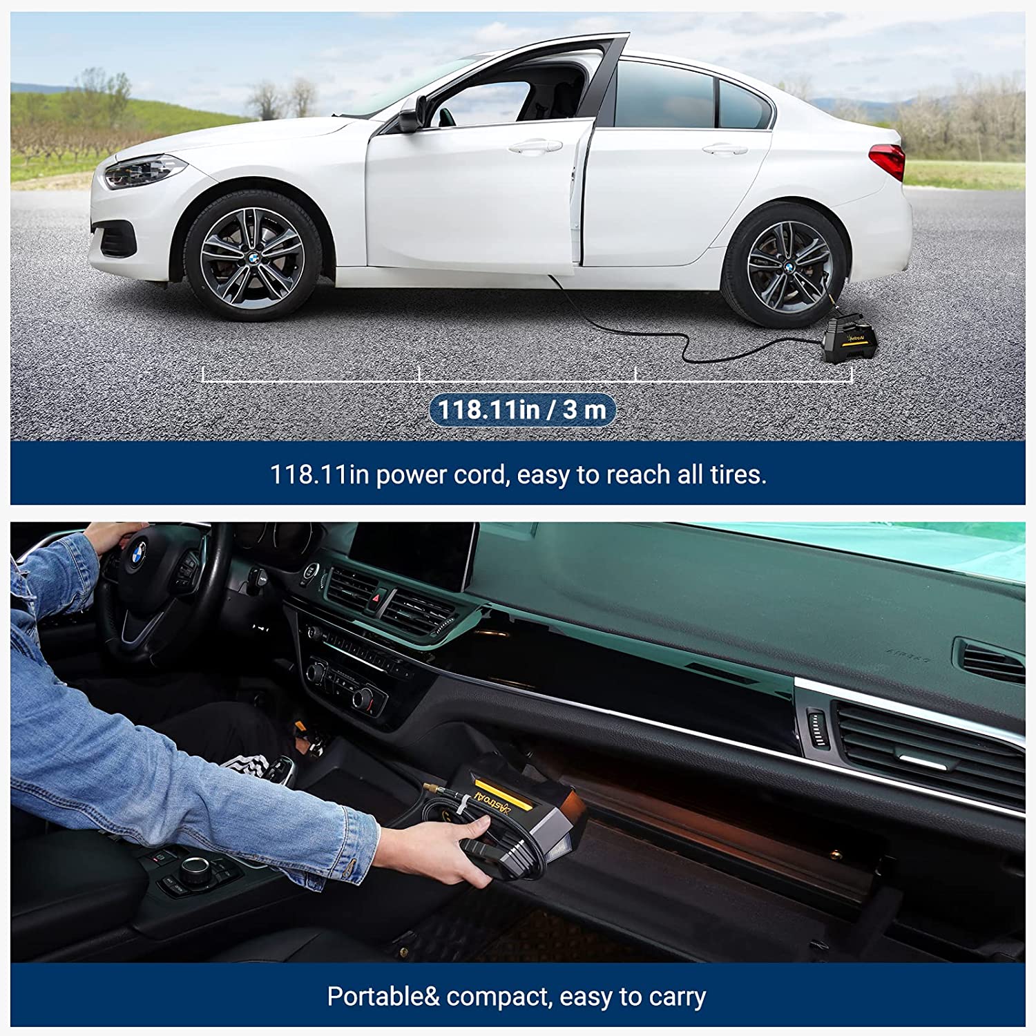 Portable Air Pump for Car Tires 12V DC Auto Tire Pump with Digital Pressure Gauge, 100PSI with Emergency LED Light-Toppalletfly