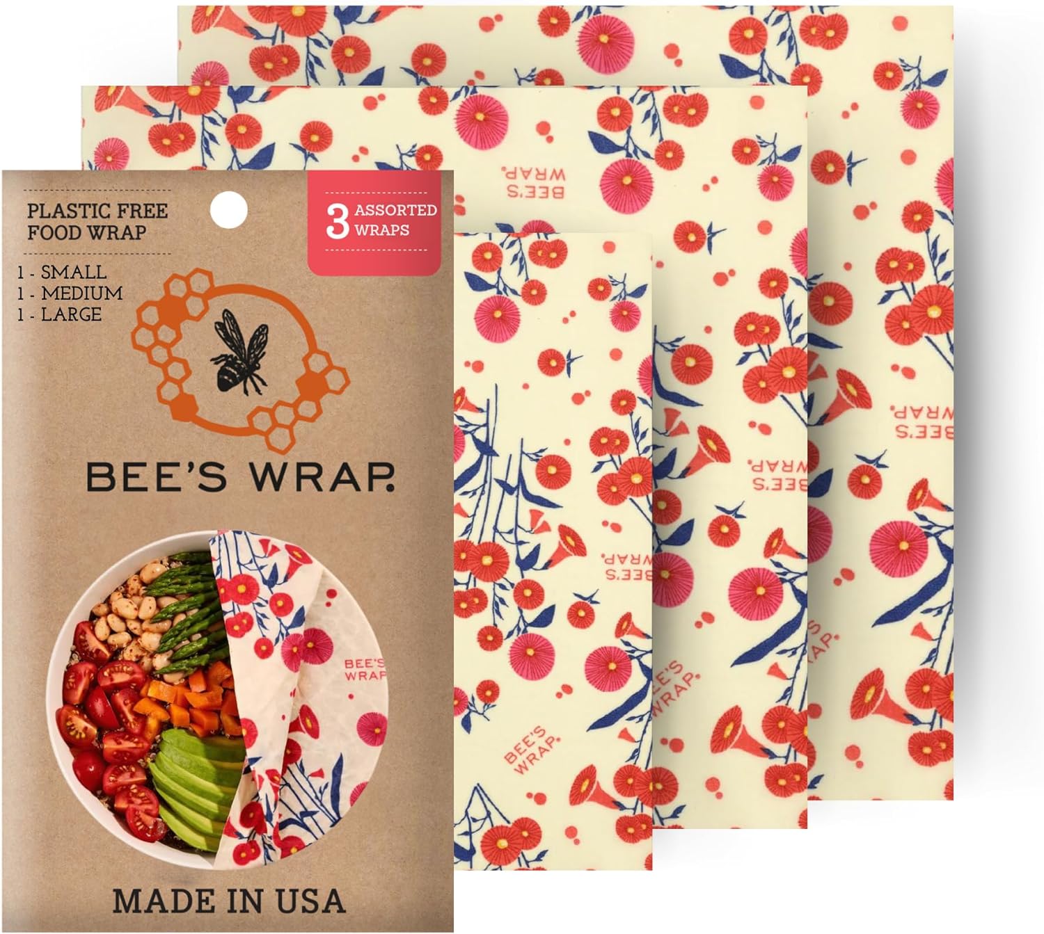 Reusable Beeswax Food Wraps Made in the USA, Eco Friendly Sustainable Organic, Assorted 3 Pack (S, M, L)-Toppalletfly