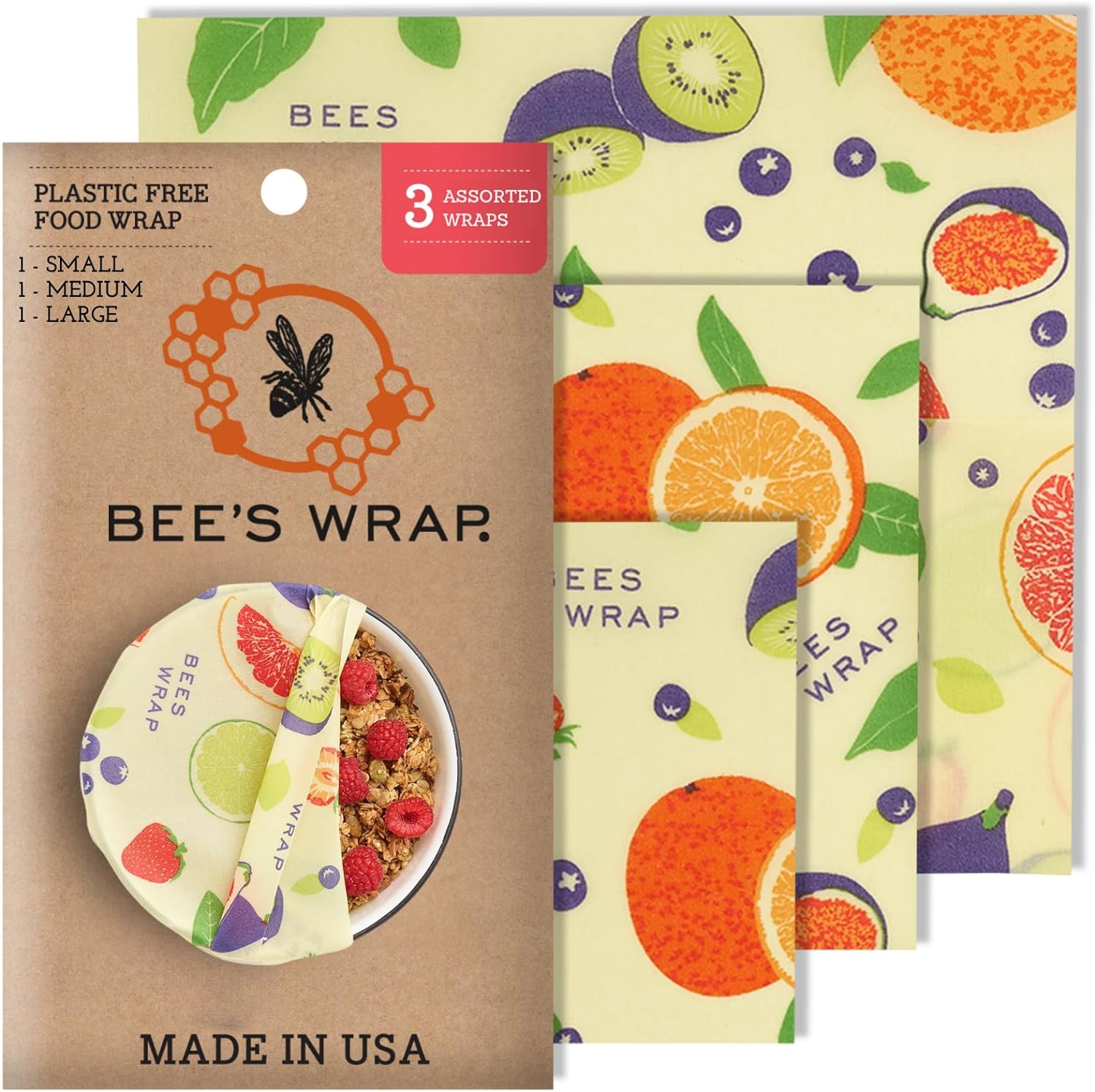 Reusable Beeswax Food Wraps Made in the USA, Eco Friendly Sustainable Organic, Assorted 3 Pack (S, M, L)-Toppalletfly