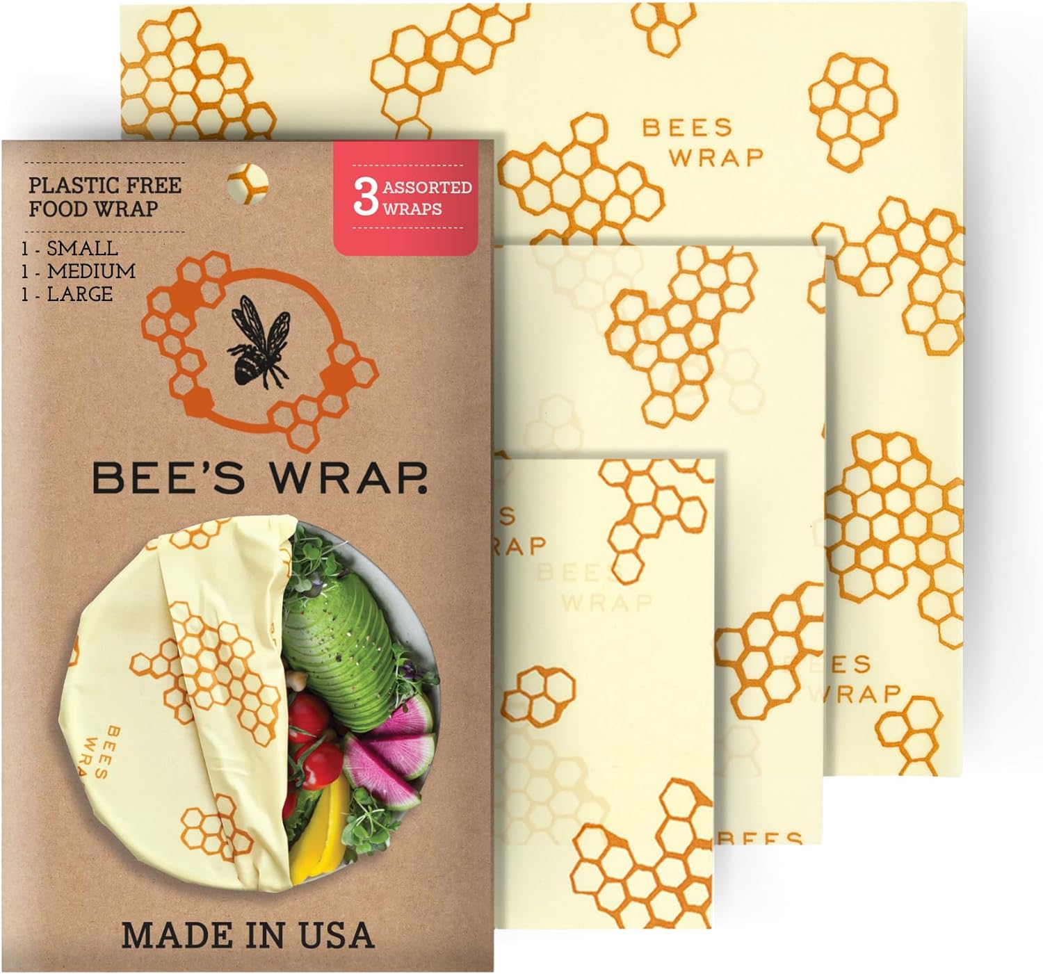 Reusable Beeswax Food Wraps Made in the USA, Eco Friendly Sustainable Organic, Assorted 3 Pack (S, M, L)-Toppalletfly