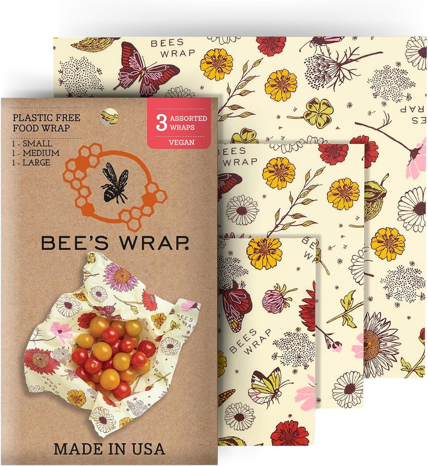 Reusable Beeswax Food Wraps Made in the USA, Eco Friendly Sustainable Organic, Assorted 3 Pack (S, M, L)-Toppalletfly