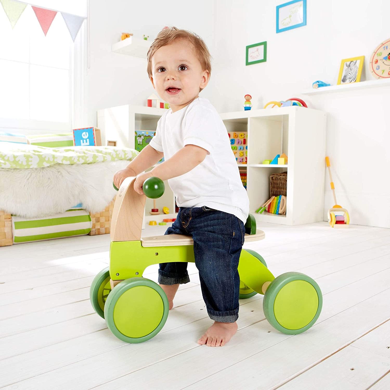 Ride On Wood Bike, Four Wheeled Wooden Push Balance Bike Toy for Toddlers-Toppalletfly