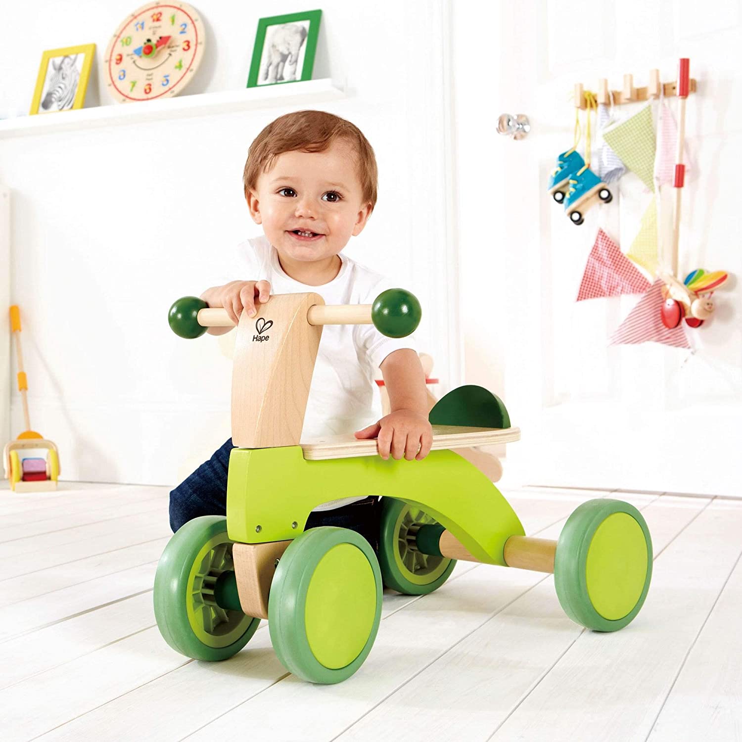 Ride On Wood Bike, Four Wheeled Wooden Push Balance Bike Toy for Toddlers-Toppalletfly