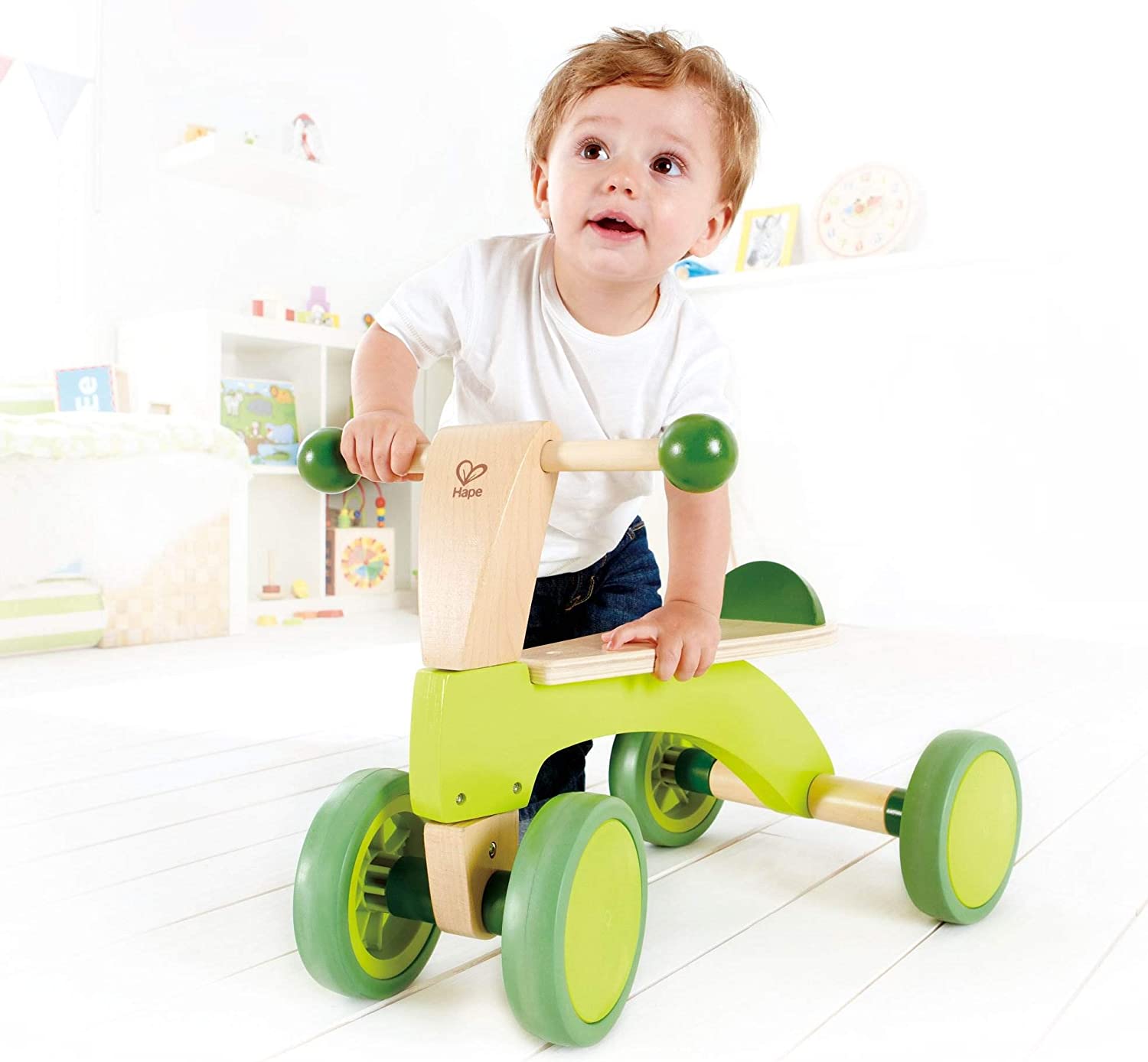 Ride On Wood Bike, Four Wheeled Wooden Push Balance Bike Toy for Toddlers-Toppalletfly