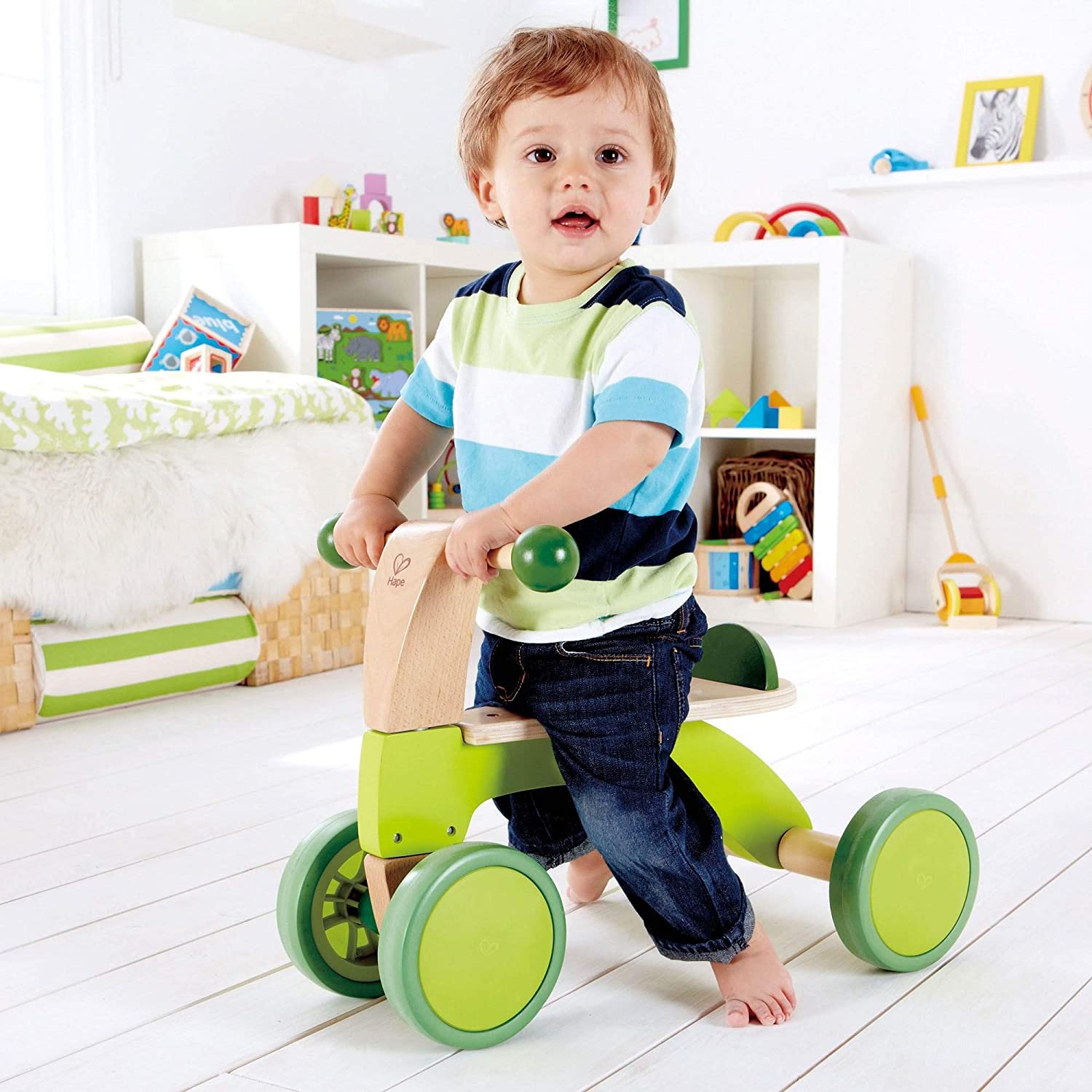 Ride On Wood Bike, Four Wheeled Wooden Push Balance Bike Toy for Toddlers-Toppalletfly