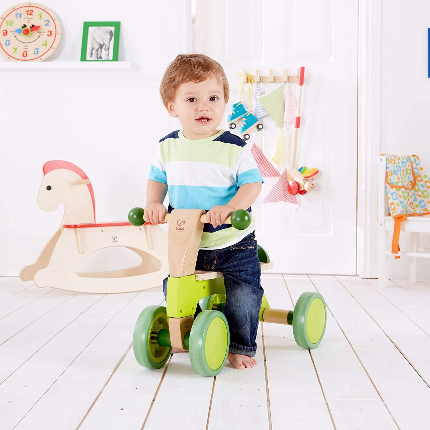 Ride On Wood Bike, Four Wheeled Wooden Push Balance Bike Toy for Toddlers-Toppalletfly
