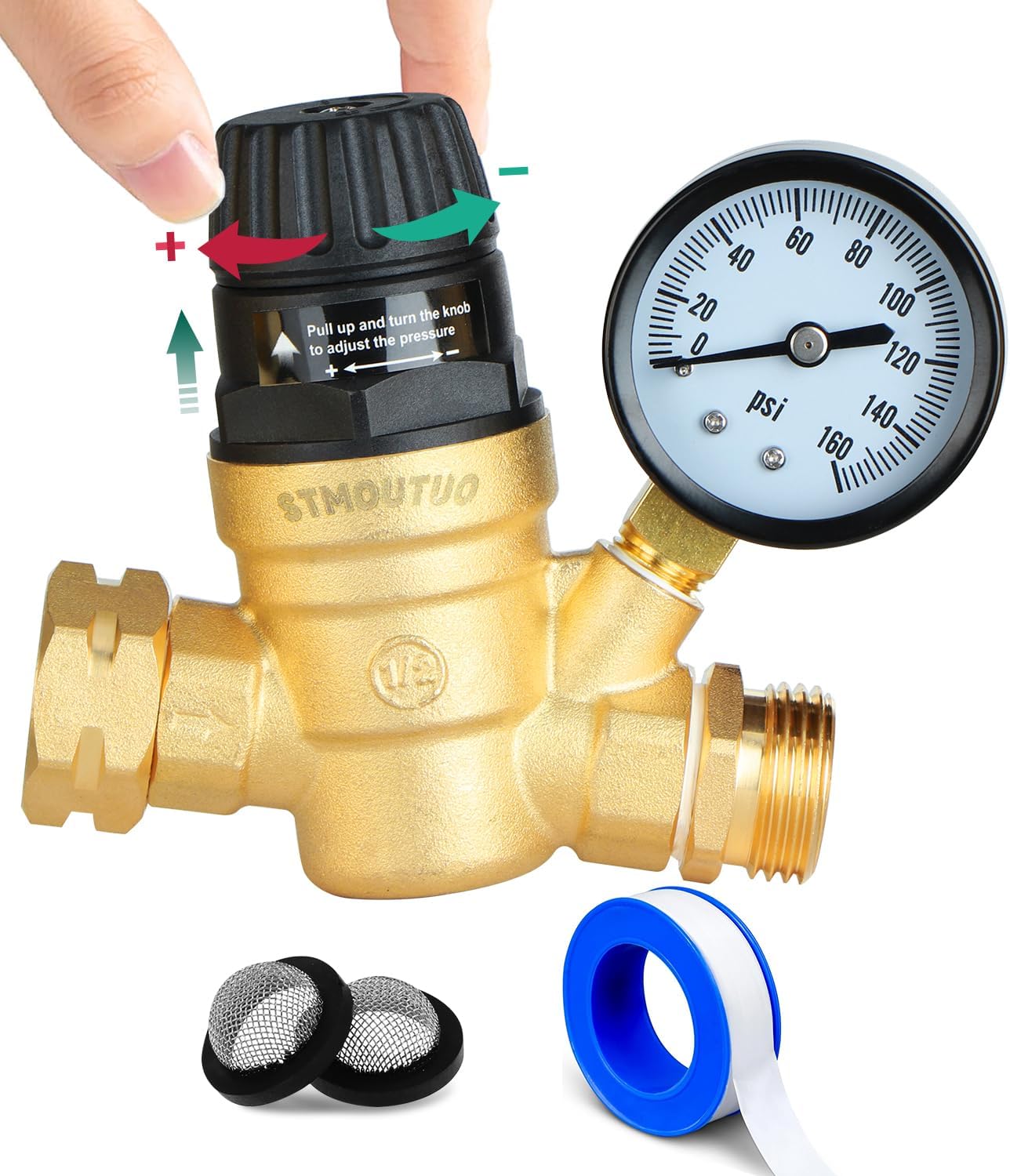 RV Water Pressure Regulator, Adjustable Lead-Free Brass RV Water Pressure Regulator with Gauge and Filter, Includes Pipe Tape-Toppalletfly