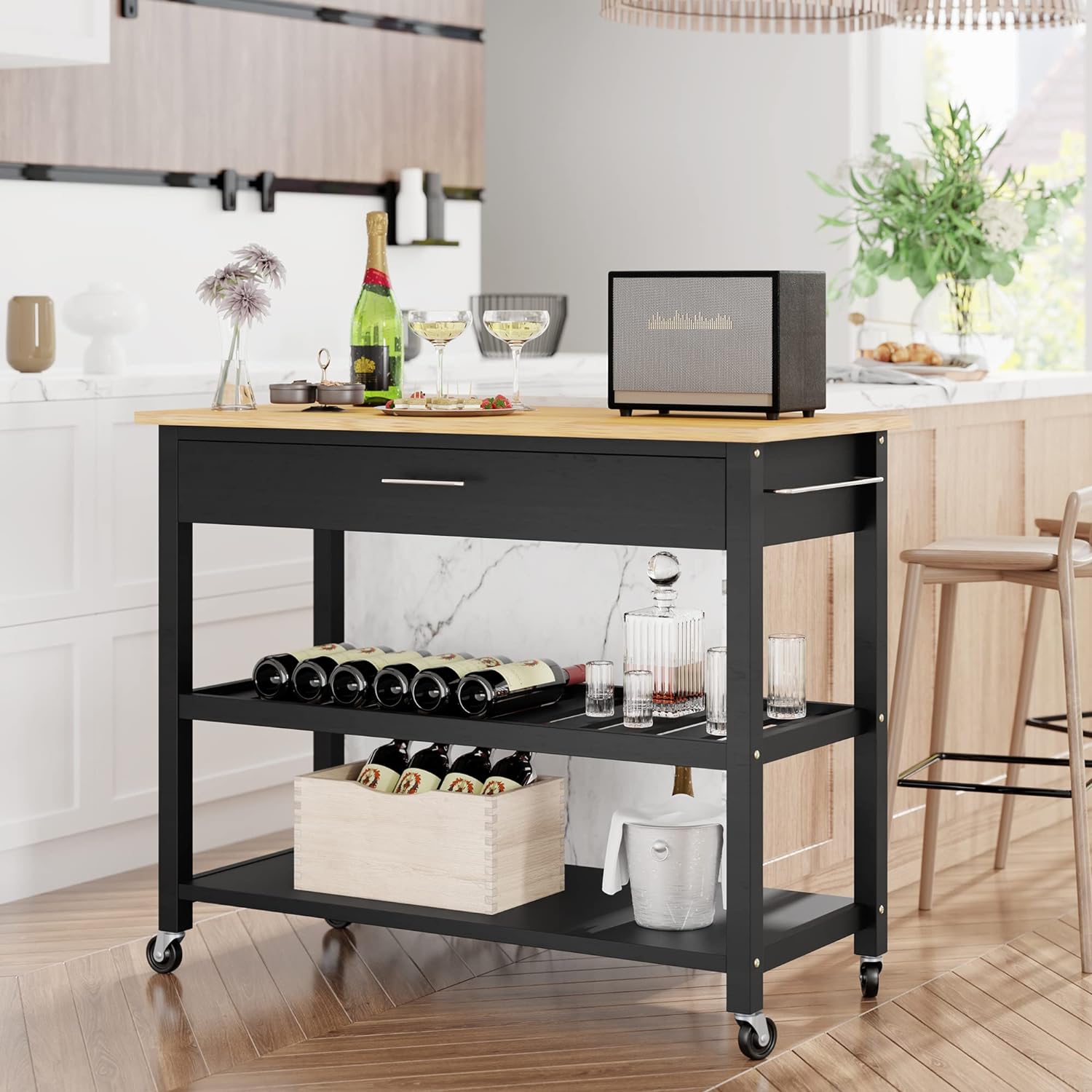 Small Kitchen Island on Wheels with 3-Tier Side Spice Rack and Rubber Wood Top-Toppalletfly