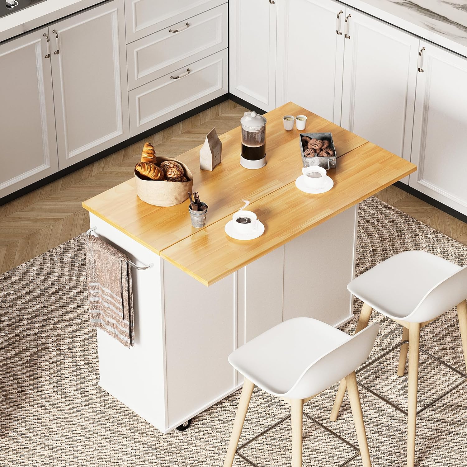 Small Kitchen Island on Wheels with 3-Tier Side Spice Rack and Rubber Wood Top-Toppalletfly