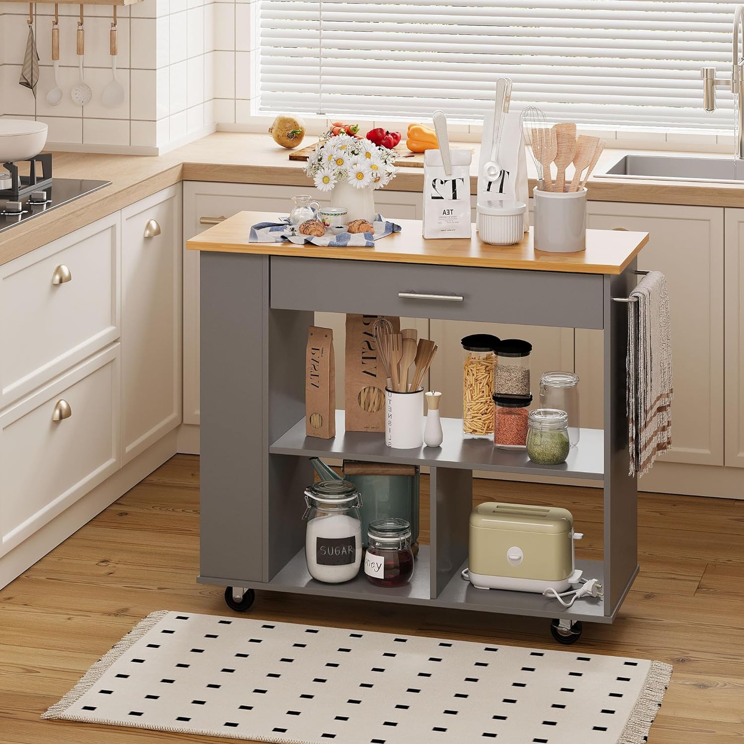 Small Kitchen Island on Wheels with 3-Tier Side Spice Rack and Rubber Wood Top-Toppalletfly