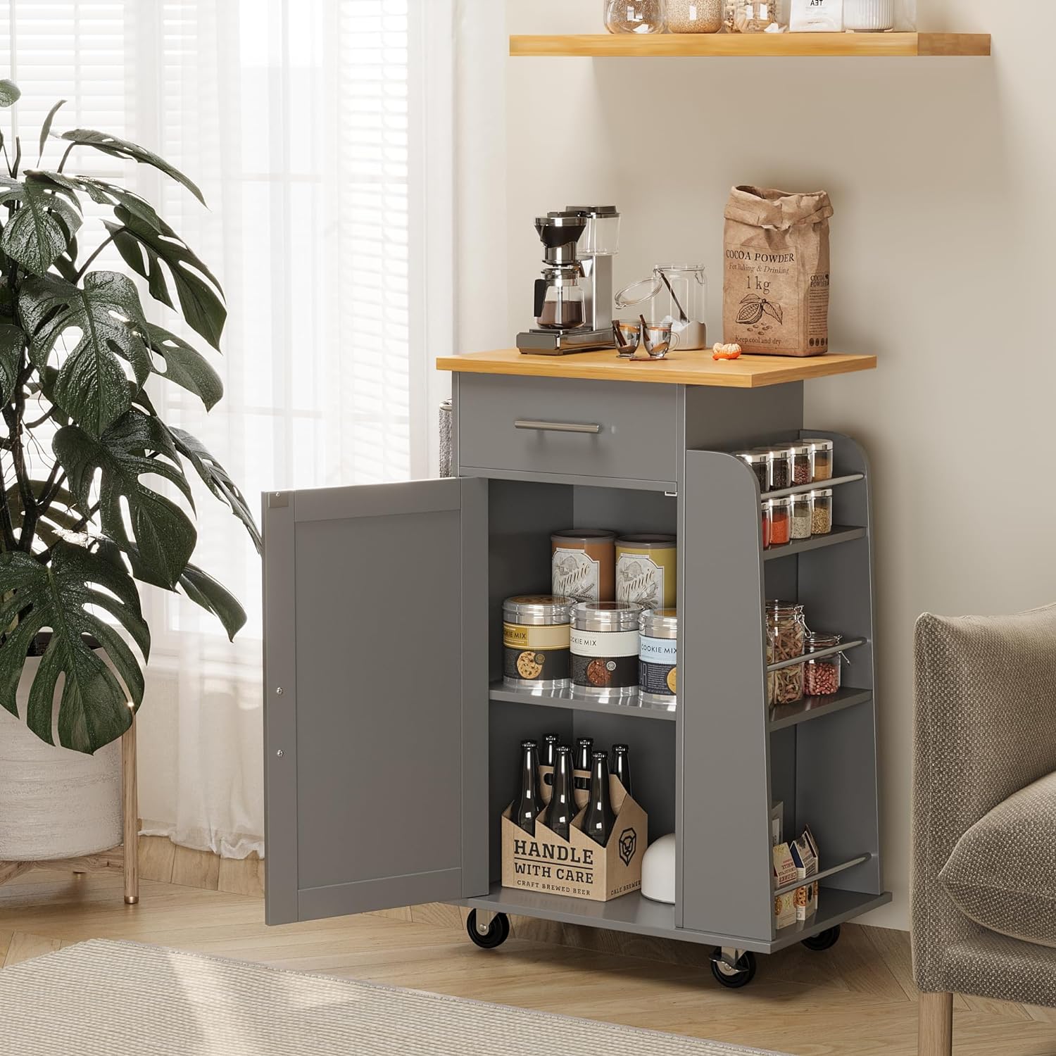 Small Kitchen Island on Wheels with 3-Tier Side Spice Rack and Rubber Wood Top-Toppalletfly