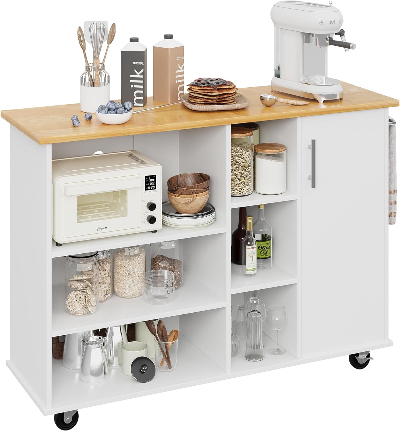 Small Kitchen Island on Wheels with 3-Tier Side Spice Rack and Rubber Wood Top-Toppalletfly