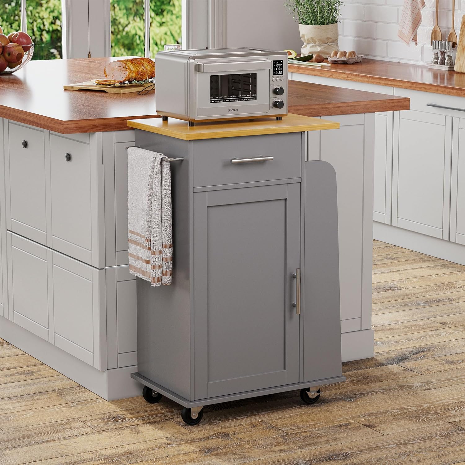 Small Kitchen Island on Wheels with 3-Tier Side Spice Rack and Rubber Wood Top-Toppalletfly