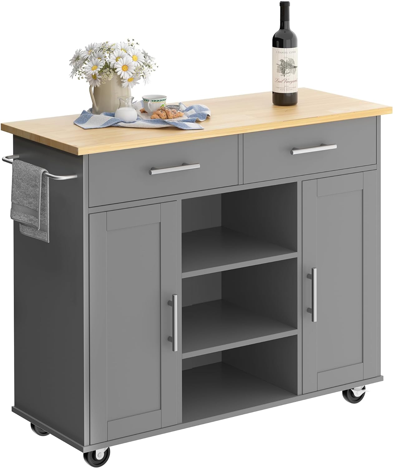 Small Kitchen Island on Wheels with 3-Tier Side Spice Rack and Rubber Wood Top-Toppalletfly