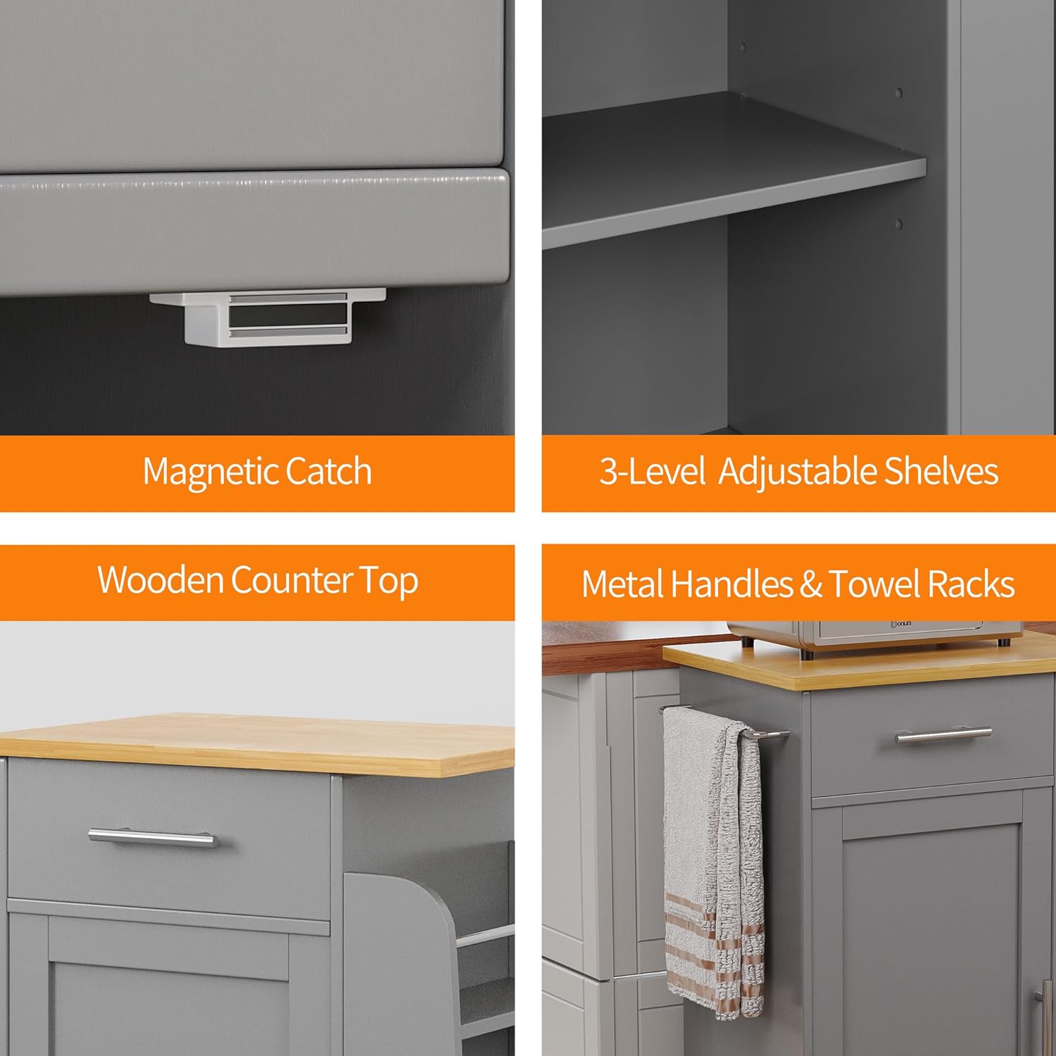 Small Kitchen Island on Wheels with 3-Tier Side Spice Rack and Rubber Wood Top-Toppalletfly
