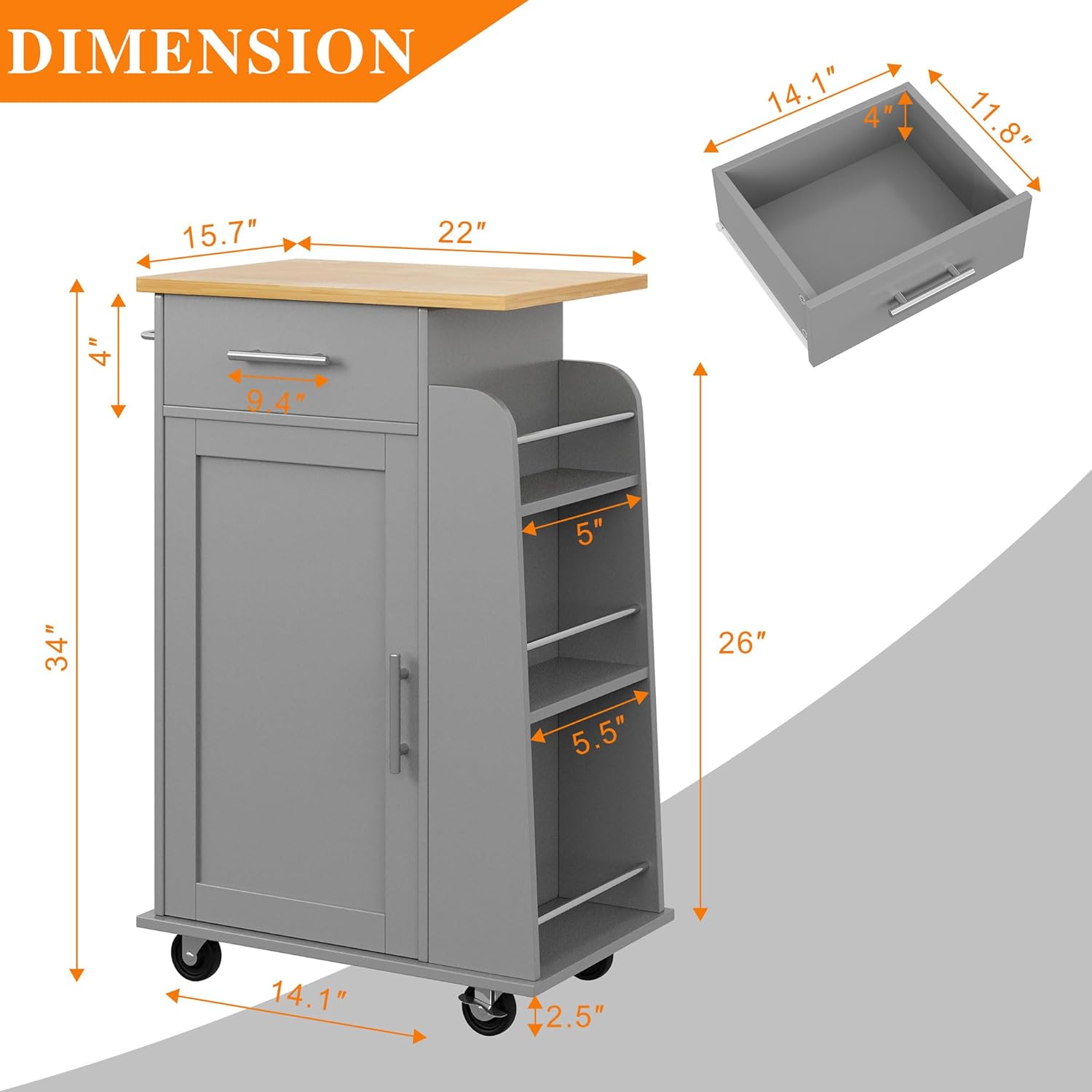 Small Kitchen Island on Wheels with 3-Tier Side Spice Rack and Rubber Wood Top-Toppalletfly