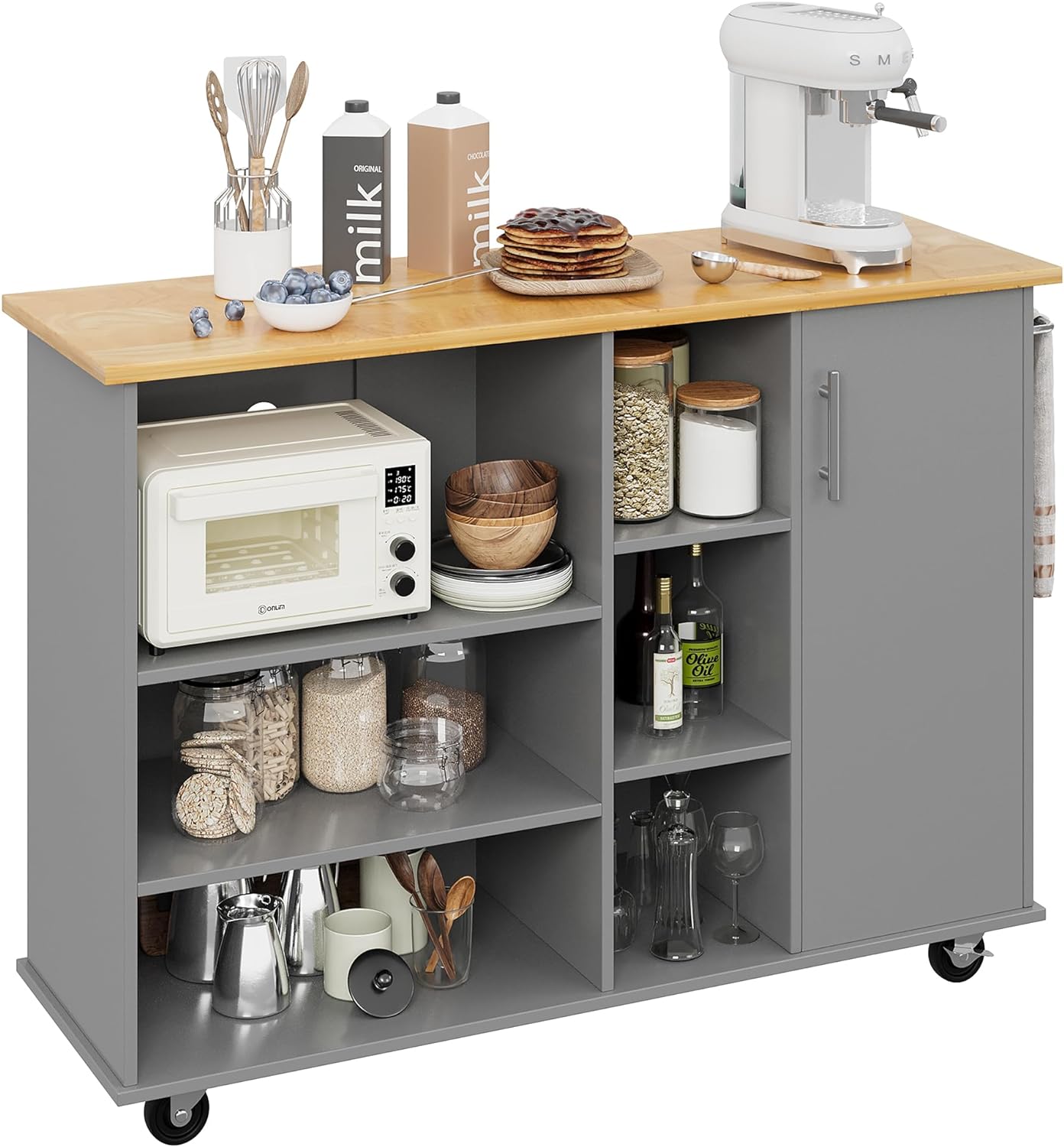 Small Kitchen Island on Wheels with 3-Tier Side Spice Rack and Rubber Wood Top-Toppalletfly