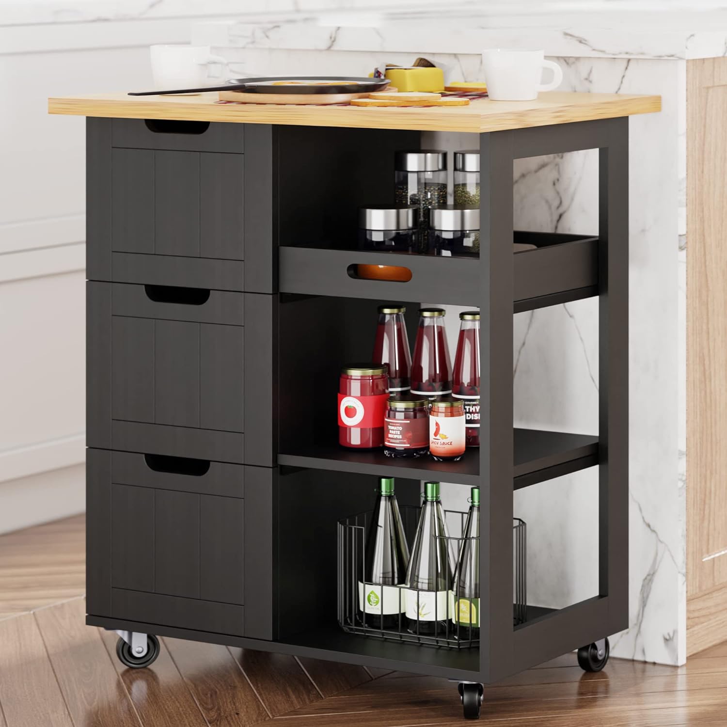 Small Kitchen Island on Wheels with 3-Tier Side Spice Rack and Rubber Wood Top-Toppalletfly