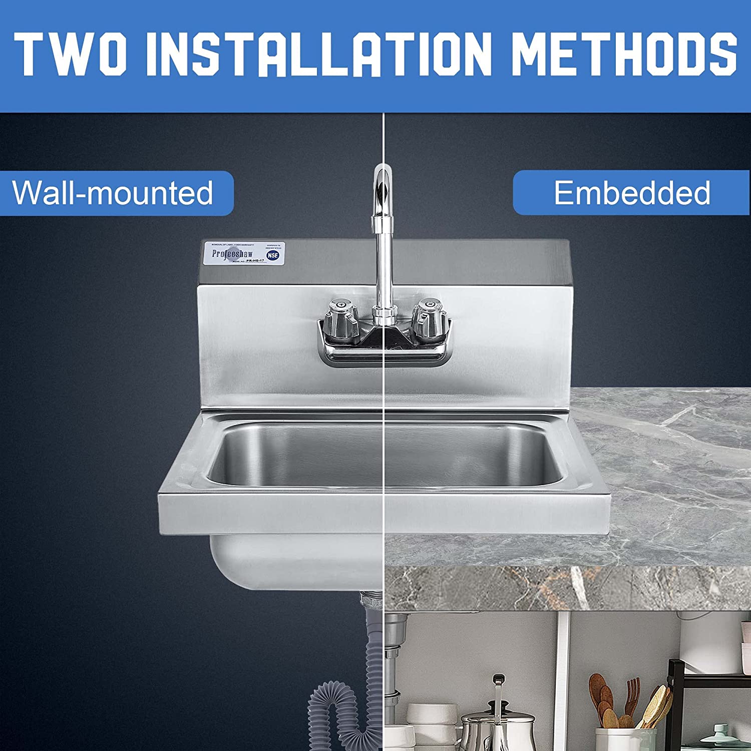 Stainless Steel Sink Commercial Wall Mounted with Gooseneck Faucet for Kitchen or Bar 17" x 15"-Toppalletfly