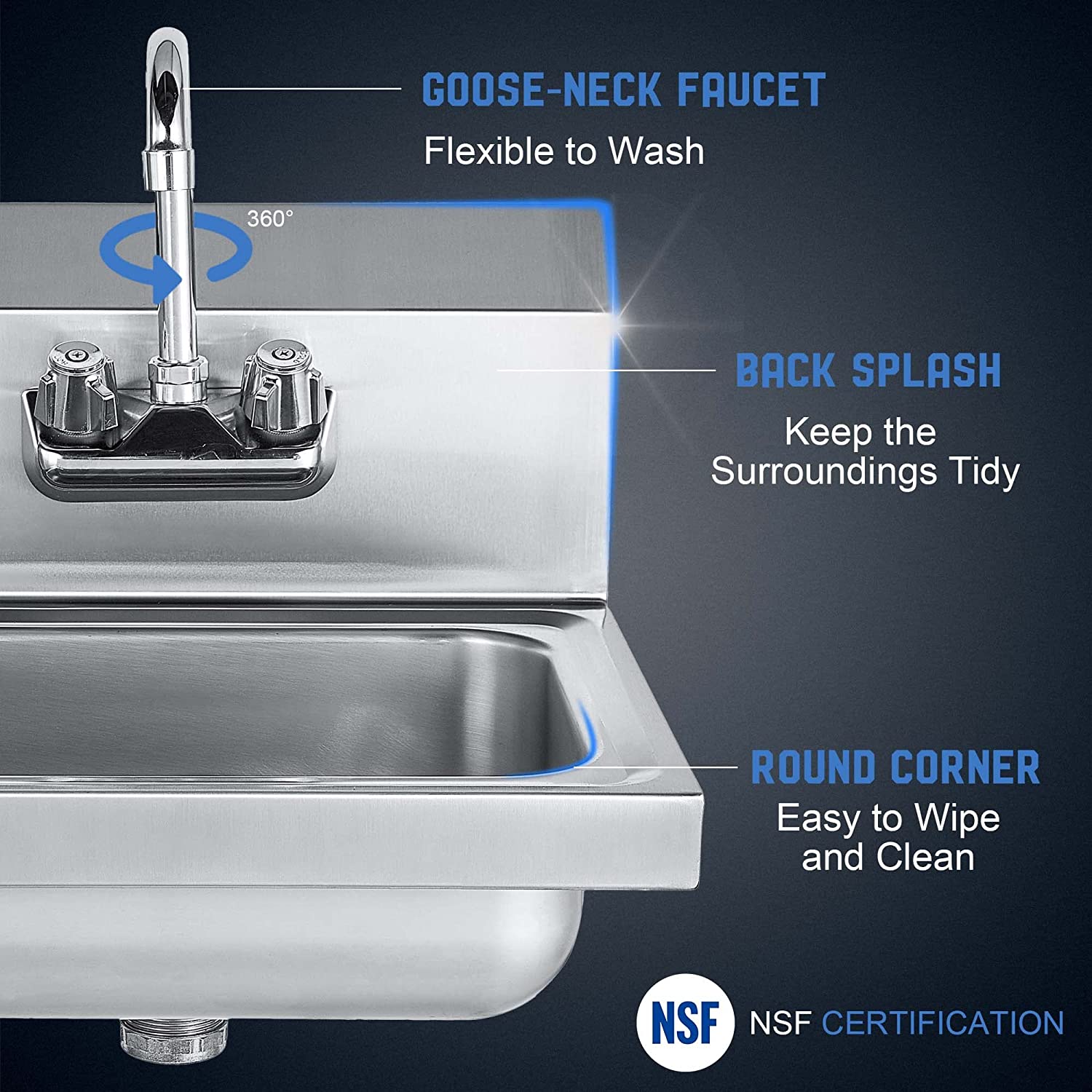 Stainless Steel Sink Commercial Wall Mounted with Gooseneck Faucet for Kitchen or Bar 17" x 15"-Toppalletfly