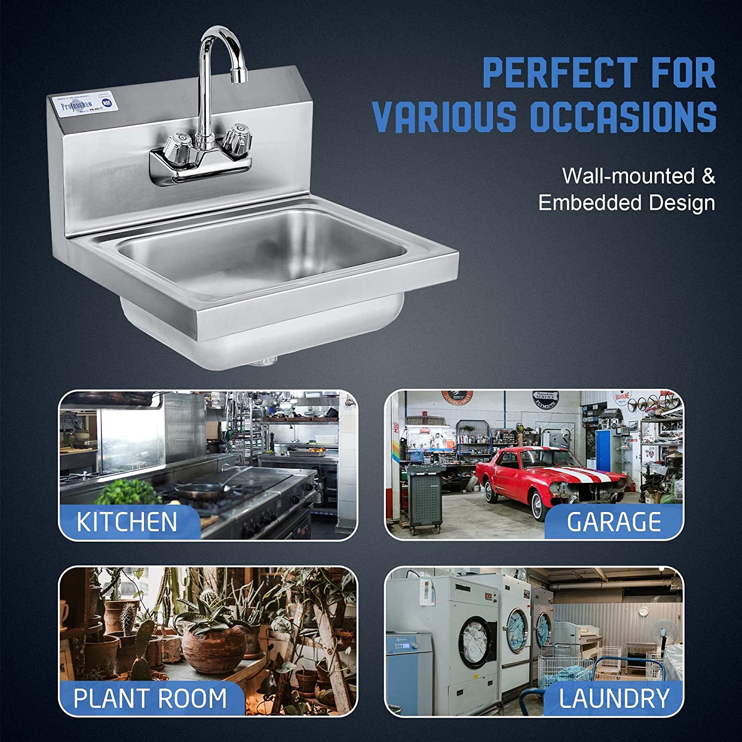 Stainless Steel Sink Commercial Wall Mounted with Gooseneck Faucet for Kitchen or Bar 17" x 15"-Toppalletfly