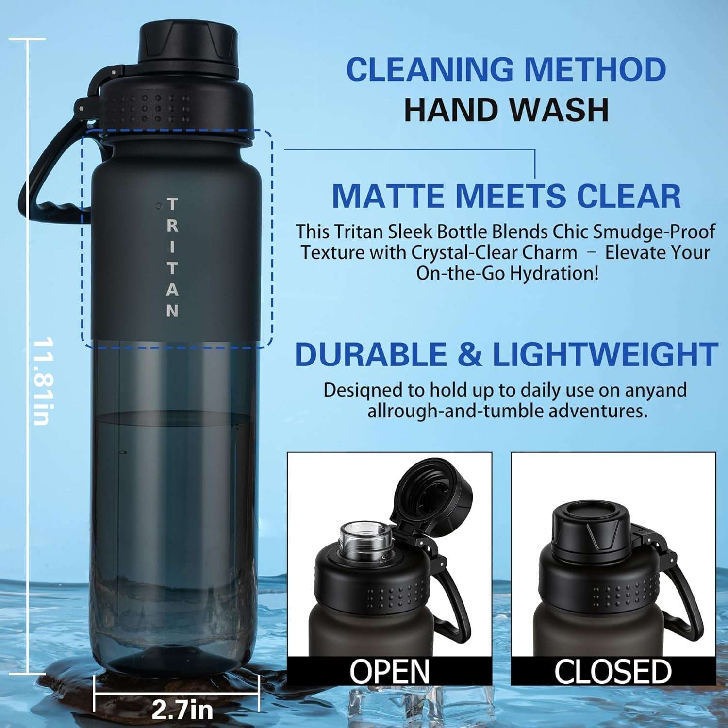 32Oz Frosted Clear Water Bottle, Bpa-Free Tritan Plastic Reusable Water Bottle with Fast-Flow Spout Lid, Wide Mouth Leakproof Sports Drinking Bottle for Gym, School, Office, Travel,Black