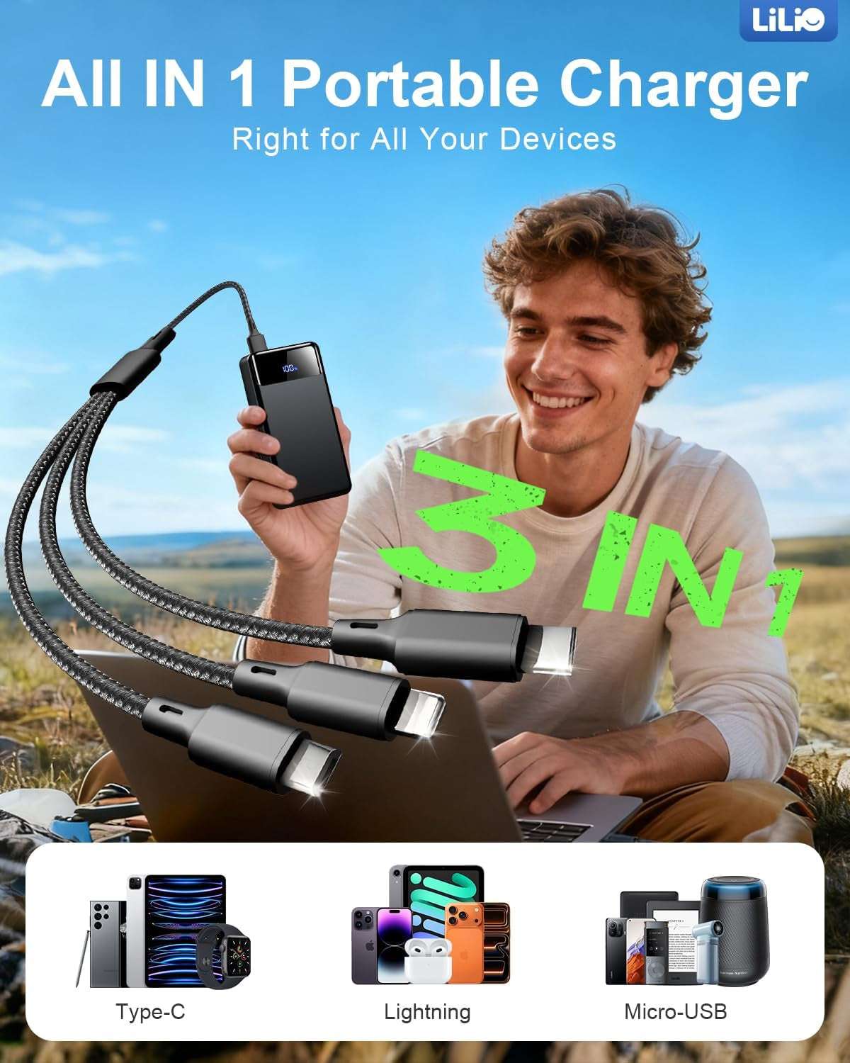 Portable Charger Power Bank,60,000Mah Battery Pack, 22.5W Power Bank Fast Charging with USB Cable, Phone Charger for Iphone 17/16/15/14/13 All Series/Samsung/Android, Camping Essentials, Black